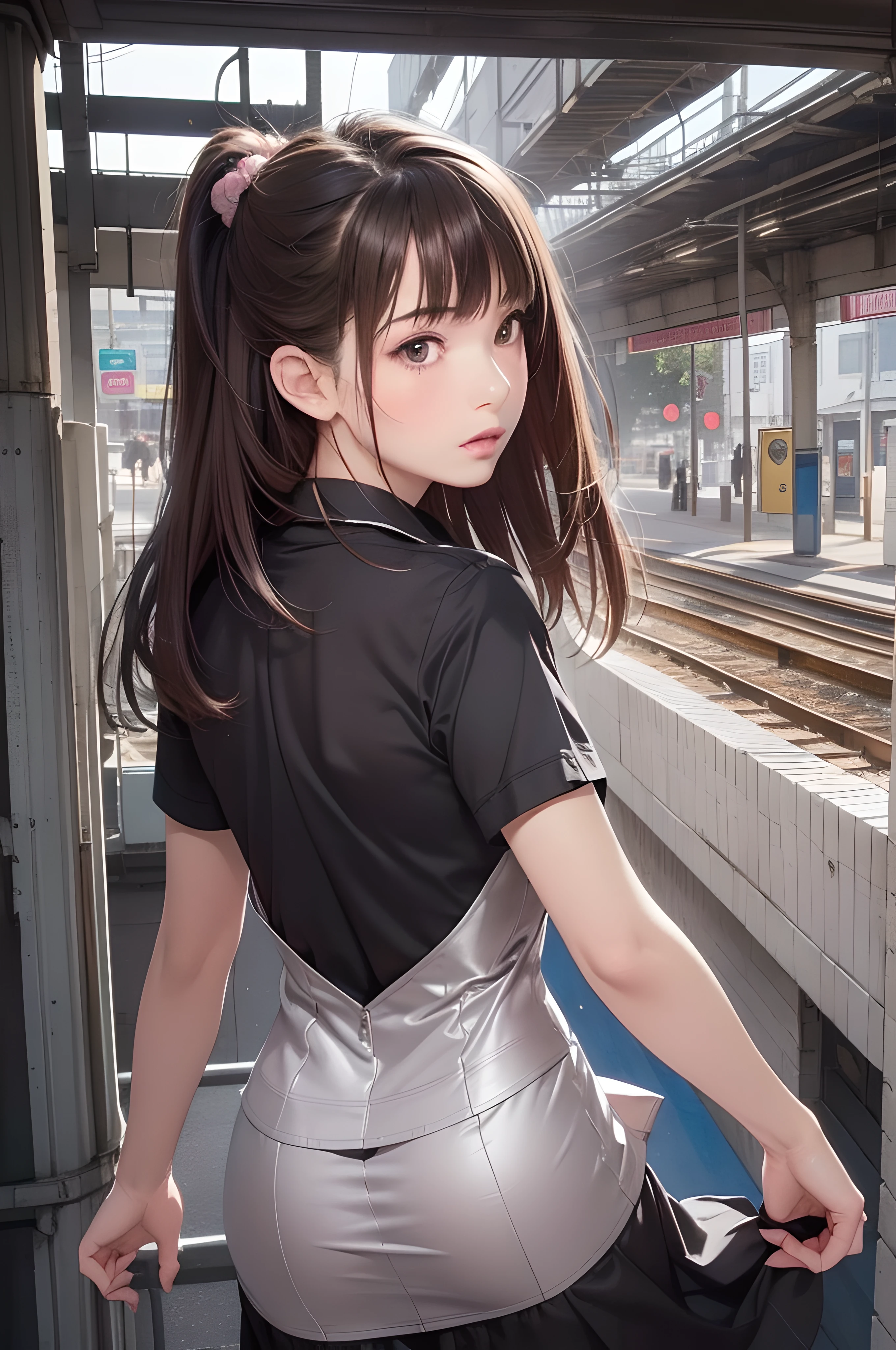 (1girl:1.3), (photorealistic:1.4), (masterpiece, top quality, best quality, official art), extreme detailed, highest detailed, (ultra-detailed), ((an extremely delicate and beautiful)), cinematic light, contemporary,
silky long hair, (brown hair),
she Walking at the station, in evening,
shirt, long skirt,
upper body, from above,
shy, blush, (looking back:1.4)