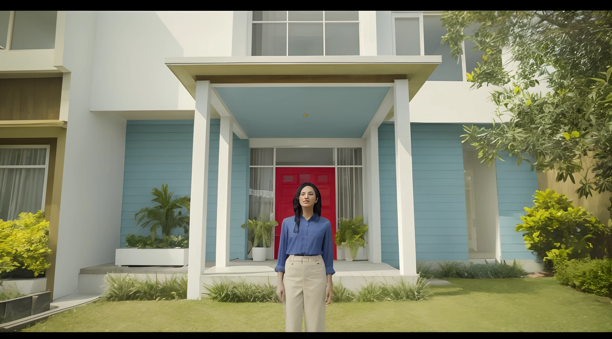 there is a woman standing in front of a house with a red door, cinematic full shot, standing outside a house, shot from cinematic, in front of a two story house, tv commercial, youtube video screenshot, [ cinematic, cinematic front shot, vfx, cinematic still, “hyper realistic, captura, award winning cinematic still, professionally color graded, cinematic medium shot