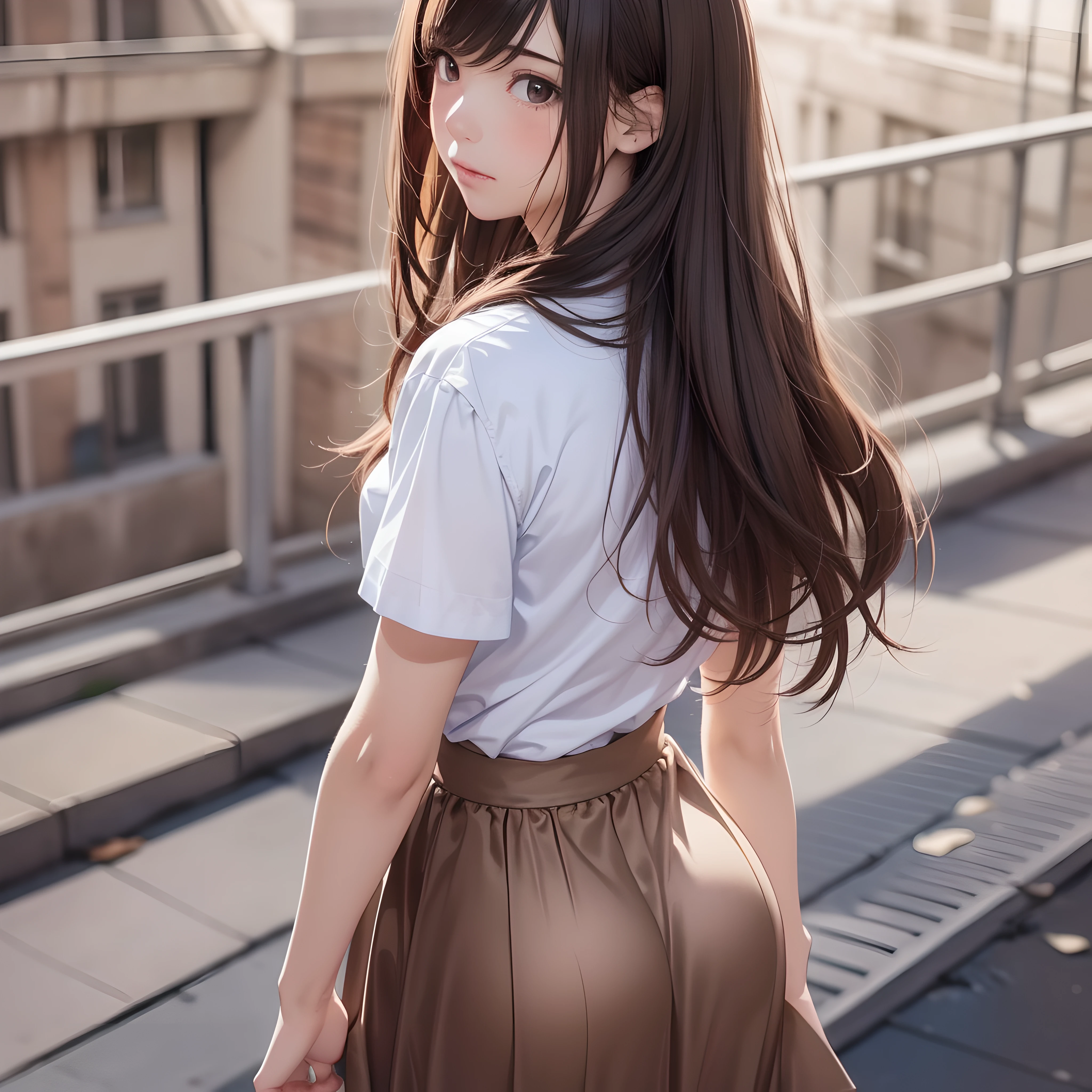 (1girl:1.3), (photorealistic:1.4), (masterpiece, top quality, best quality, official art), extreme detailed, highest detailed, (ultra-detailed), ((an extremely delicate and beautiful)), cinematic light,  contemporary, 
silky long hair, (brown hair), 
she Walking at the station, in evening, 
shirt, long skirt, 
upper body, from above, 
shy, blush, (looking back:1.4)