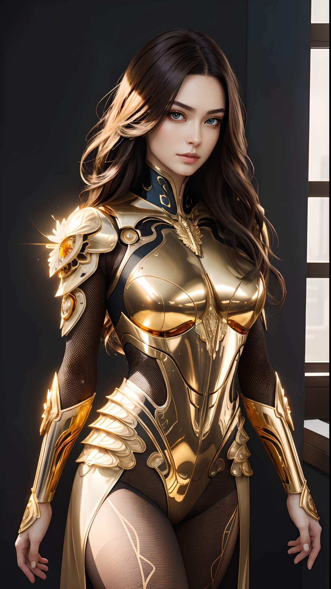 Beautiful cyborg portrait with 8k brown hair,iintricate,ellegance,Highly meticulous,A majestic,Digital photography,Art by Artgerm and Ruan Jia and Greg Rutkowski surrealist paintings of golden butterfly filigree,brokenglass,(tmasterpiece,Sideslit,exquisite and beautiful eyes:1.2 ), Human Development Report,Gold tulle tights,
