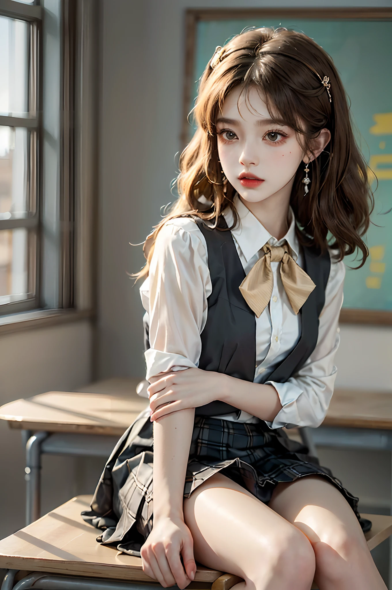 ((upper budy)), ((Front Shooting)), ((looking ahead)), ((realistic)), ((Sit Pose, inside a classroom, sitting on the classroom desk)), 1girll, Asian model, curlies, Beautiful hair accessories, Brownish-yellow hair,((Black suit, neck bowtie, White pleated skirt)), Campus style, (warm lights, a warm color palette), Detailed details, ultra-detailliert, (tmasterpiece, best qualtiy), (An extremely delicate and beautiful work), Delicate earrings, Simple blurred background, Extreme detail description, Ultra-fine painting, Delicate face, slim toned body