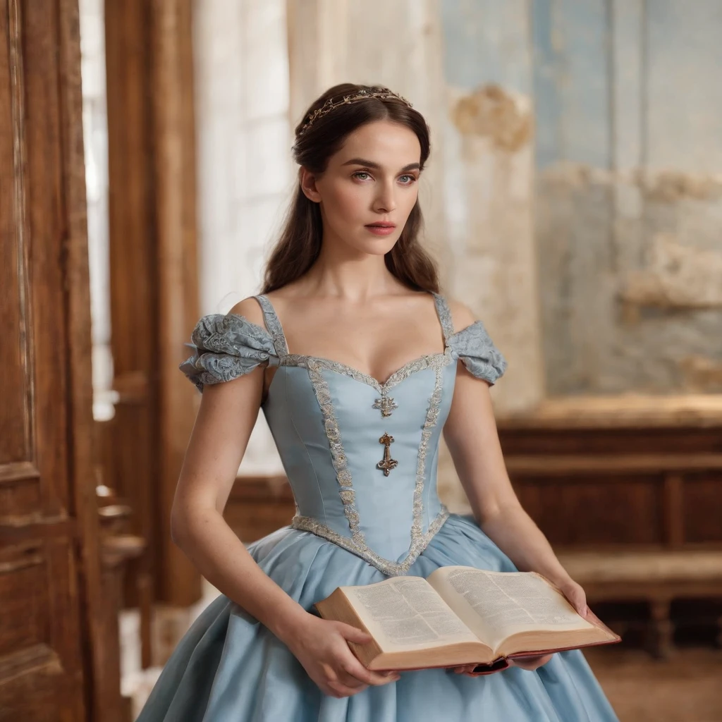 Create the image of a 19th century woman, de vestido azul claro, inside a Masonic temple, with Masonic symbols on the dress and a book in the hand. Put more Masonic symbols on women's clothing. melhor qualidade, Hiper realista, Cinematographic photo, feminino, 8k, Epic composition, fotorrealista, foco nítido), fundo elaborado, DSLR, detalhes intrincados, thirds rule, corrigir maos