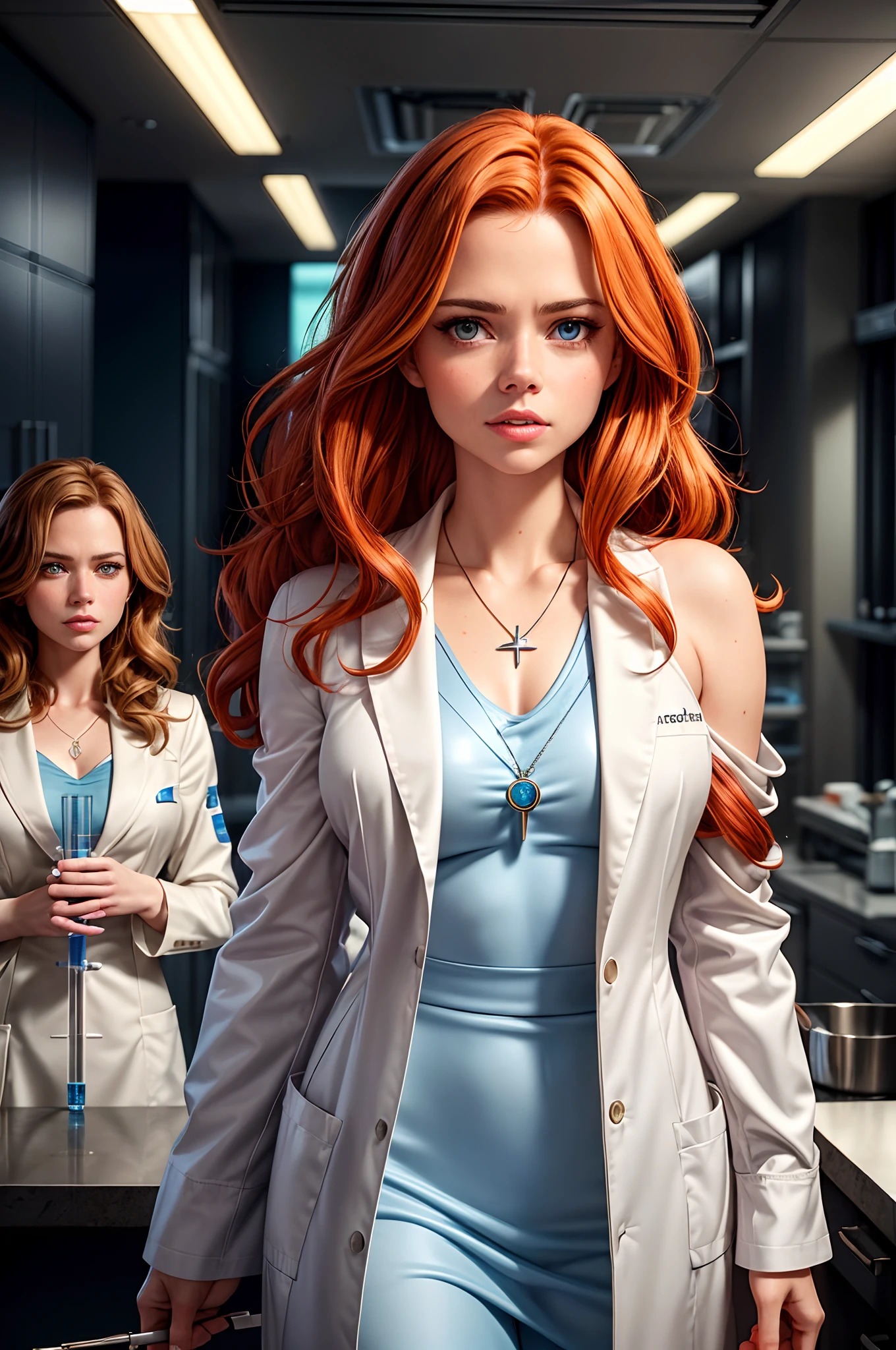 Shoulder-length wavy auburn hair, bright blue eyes, facial blend of Emma Stone, Gugu Mbatha-Raw, and Amy Adams. 32-year-old female appearance, lab coat with a pin of a double helix, mid-shot, neutral background, holds a set of test tubes in a rack, silver locket necklace, prominent scar across her forehead