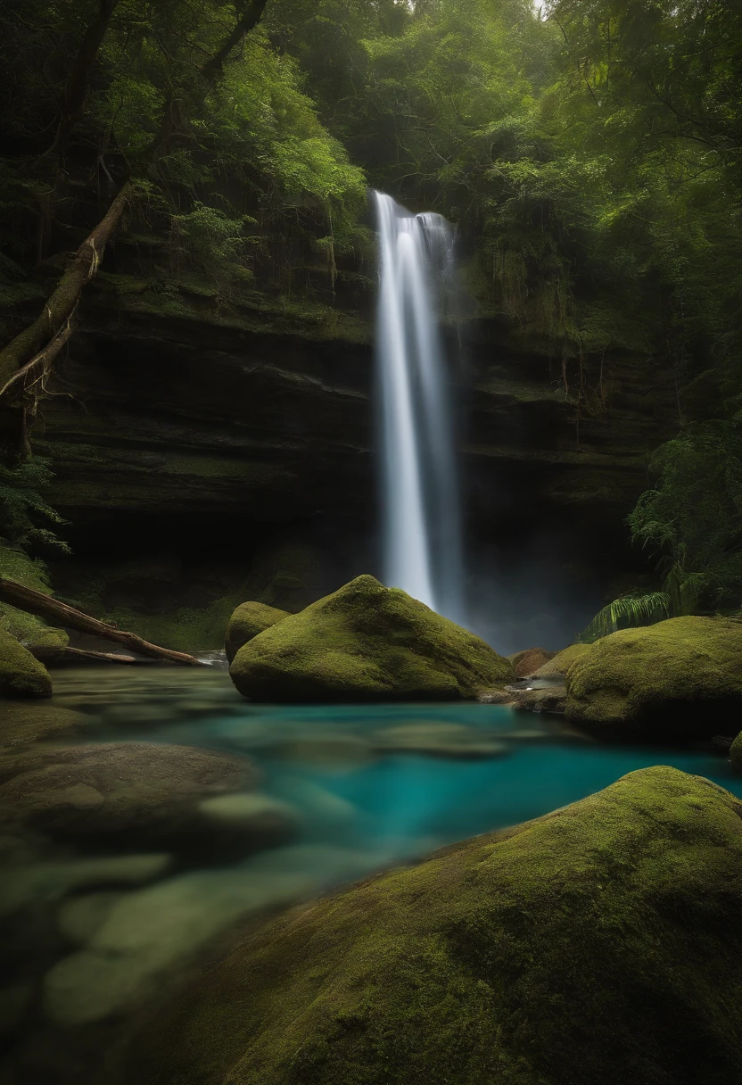 Two-level photograph with views above and below water level/Linha, uma grande cena floresta tropical, blue water, montanhas ao fundo verdejantes, intricate underwater worlds, Seapunk in the style of translucent water & surreal, Two-level photography, A two-level photograph of the great rainforest scene above the blue waterline