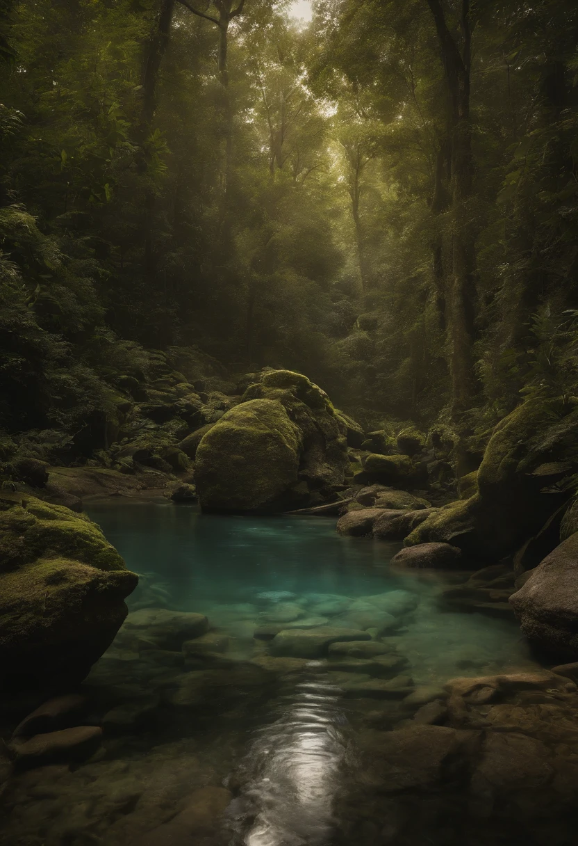 Two-level photograph with views above and below water level/Linha, uma grande cena floresta tropical, blue water, montanhas ao fundo verdejantes, intricate underwater worlds, Seapunk in the style of translucent water & surreal, Two-level photography, A two-level photograph of the great rainforest scene above the blue waterline