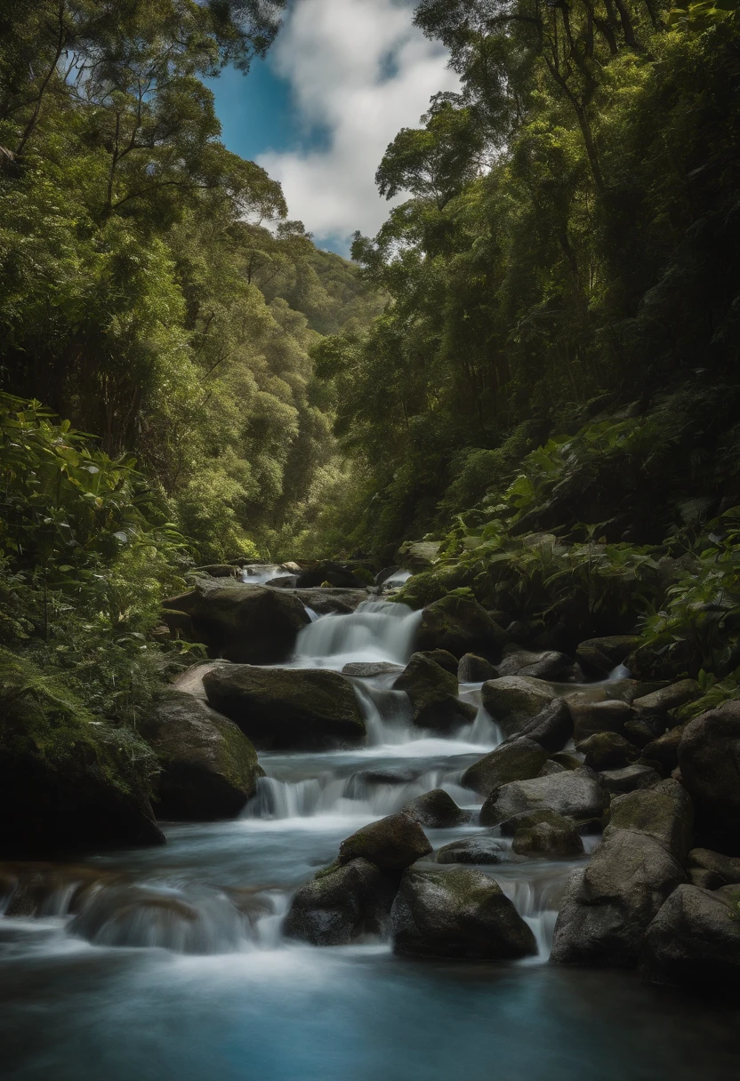 Two-level photograph with views above and below water level/Linha, uma grande cena floresta tropical, blue water, montanhas ao fundo verdejantes, intricate underwater worlds, Seapunk in the style of translucent water & surreal, Two-level photography, A two-level photograph of the great rainforest scene above the blue waterline