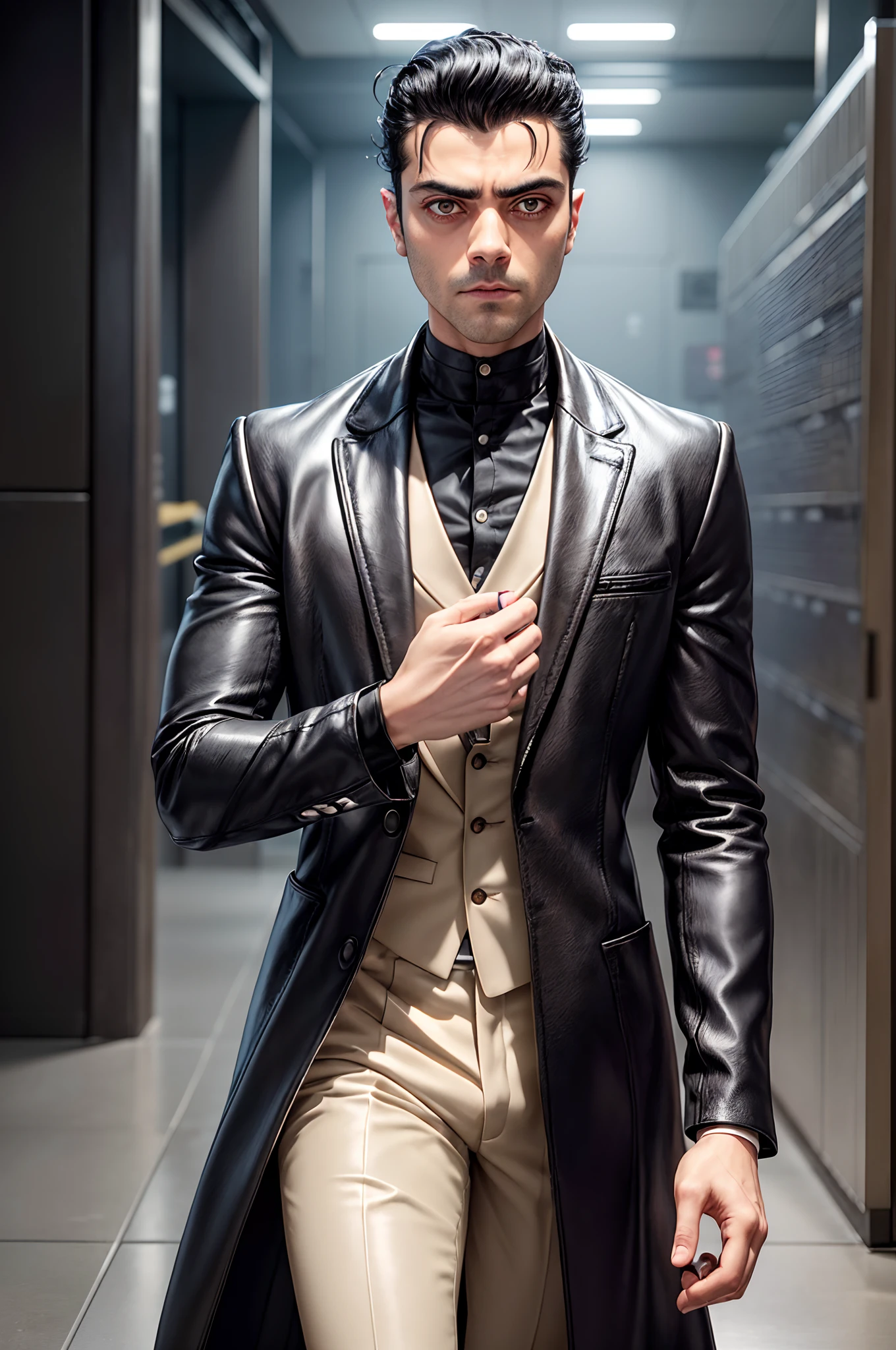 Closely cropped black hair, steel gray eyes, facial blend of Rami Malek, Oscar Isaac, and Dev Patel. 32-year-old male appearance, pristine lab coat with digital ID badge, mid-shot, neutral background, holding a technologically advanced prosthetic hand model, thin black leather wristband with embedded sensors