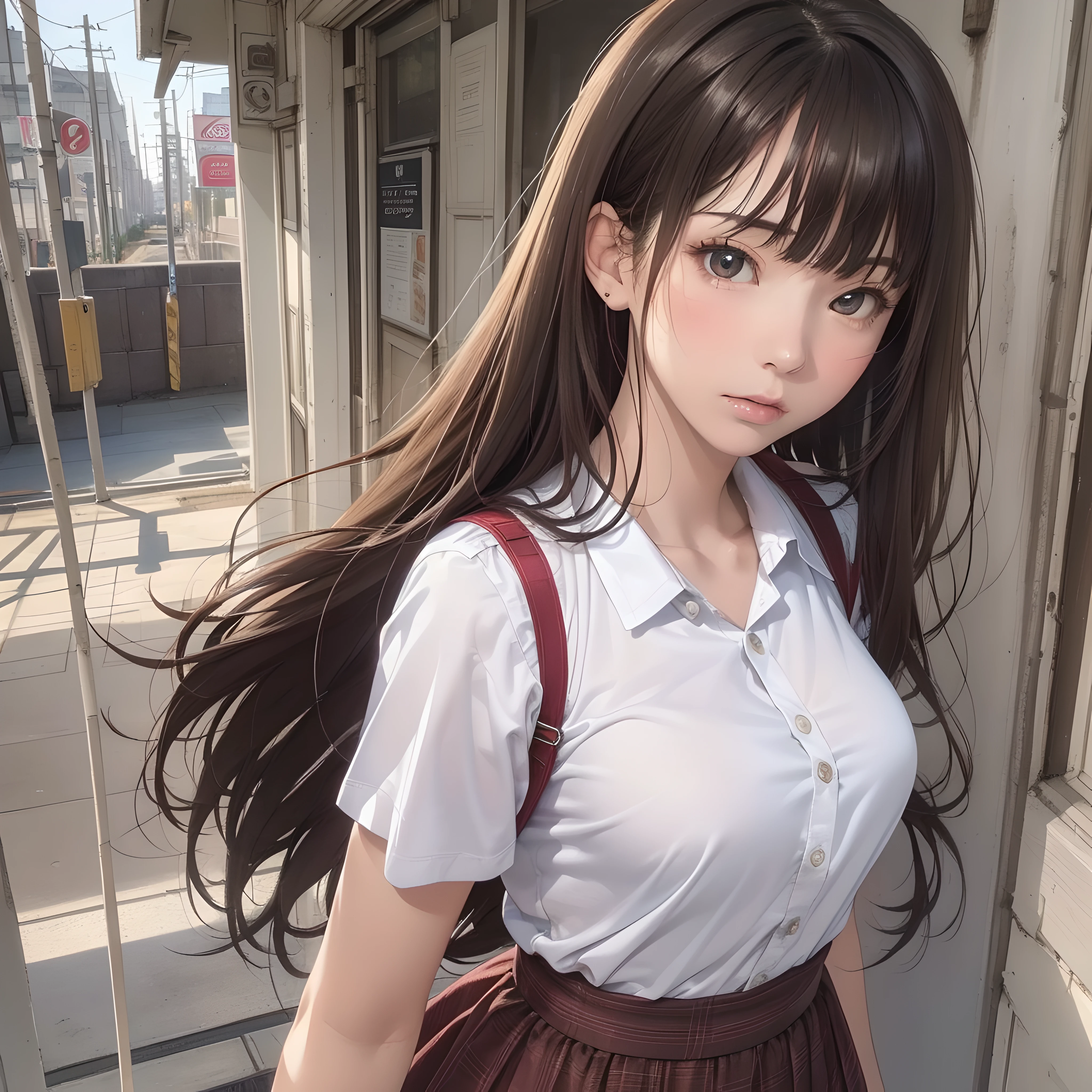 (1girl:1.3), (photorealistic:1.4), (masterpiece, top quality, best quality, official art), extreme detailed, highest detailed, (ultra-detailed), ((an extremely delicate and beautiful)), cinematic light, contemporary,
silky long hair, (brown hair),
she Walking at the station, in evening,
shirt, long skirt,
upper body, from above,
shy, blush, (looking back:1.4)