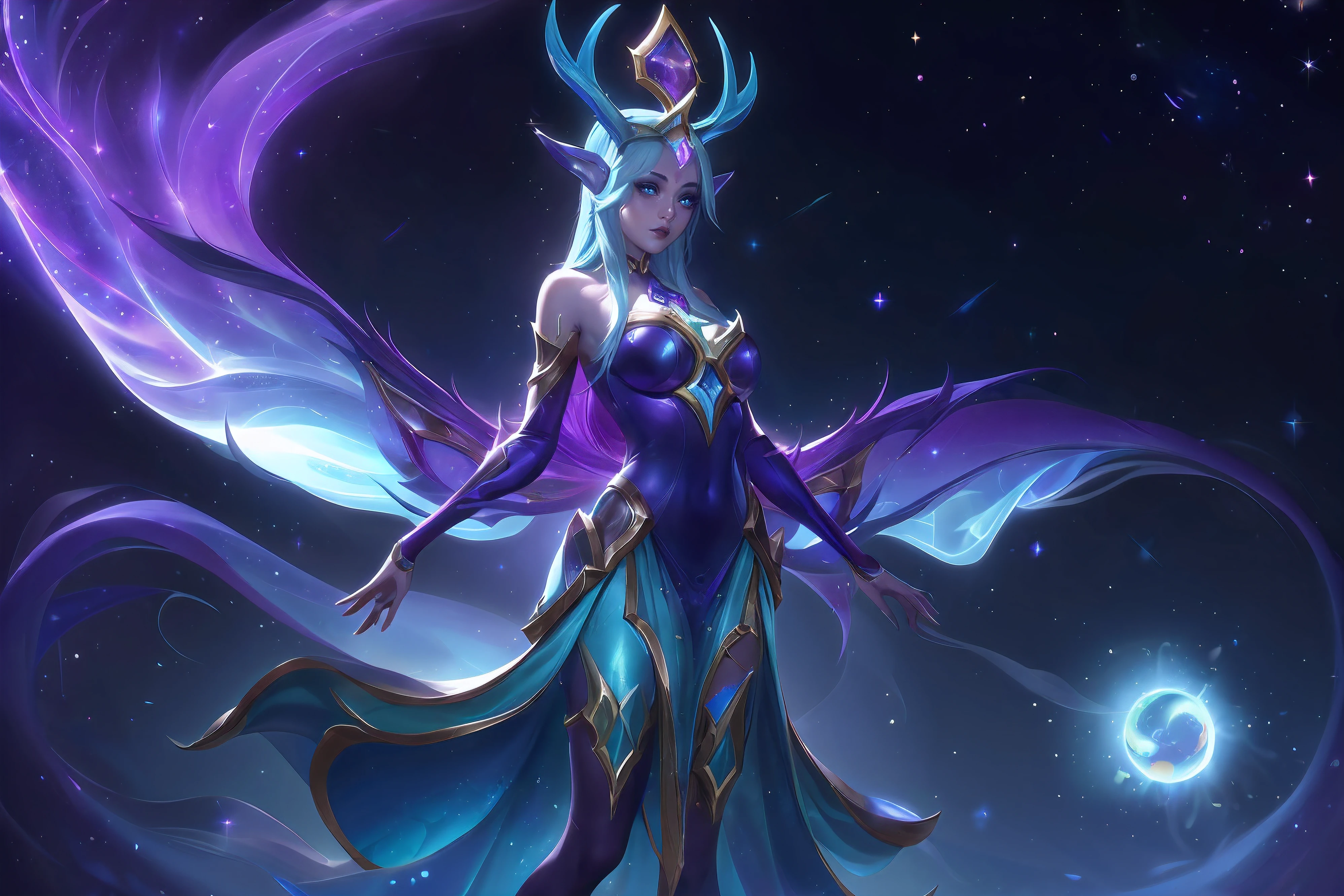 (League of Legends:1.5),Legendary skins "Cosmic Elf Bambi" Bring the forest elves into an awesome cosmic realm, Turn her into a celestial being with great power and wonder.
In splash art, The appearance of Bambi underwent an amazing cosmic transformation. She now stands in a glowing and ethereal presence, Decorated with celestial motifs and glowing stardust. Her wings twinkle with traces of stardust, Symbolizes her celestial connection.
Her costumes now reflect the grandeur of the universe, Has complex patterns of stars and galaxies, Symbolizes her affinity with cosmic forces.
Bambi's eyes flashed with cosmic energy, Convey cosmic wisdom and otherworldly power. Her posture exudes heavenly elegance and confidence, As if she holds the secrets of the universe.
in the background, The celestial wonders unfold, Has a breathtaking nebula, swirling galaxies, The glittering stars add wonder and cosmic majesty.
The color palette is a fascinating blend of cosmic hues, Featuring dark blue, purples, and vibrant stardust, Creates a charming and ethereal atmosphere.