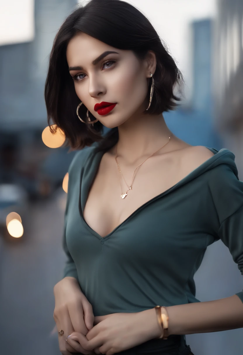 Best quality++, Ultra-detailed+, Dynamic Angle,Beautiful girl lips, Slim, Slender, Big breasts,Silver inner black hair, Short hair, Shiny hair, bangs, center-parted hair, Gold necklace, Earrings, Wrist watch, track pants, Hoodie, Hands in pockets, Looking up, City, Blue sky, It looks dazzling, The goodness within,gal make, eyeline, eye shadows, Red lipstick, cheek