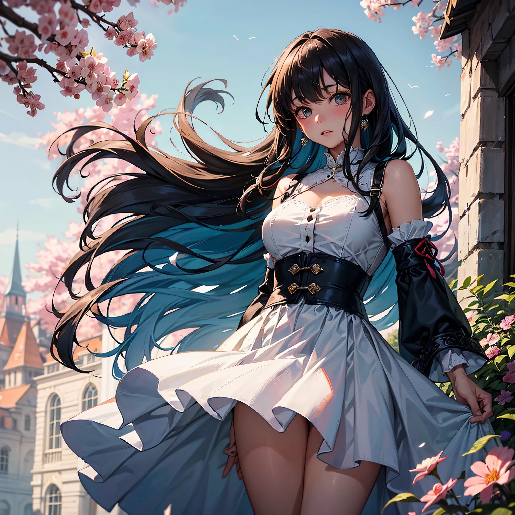 30-years old,super detailed,beautiful Girl, , Playfulness and charm. Girls' dresses are delicately made, Flowing cloth fluttering in the wind. Color is soft pastel, Reminiscent of the wildflowers that surround her. The bodice is attached, With intricate embroidery and beads to let in light. The skirt is plump and flowing, With a layer of fabric that rustles softly as she moves,,,. The overall effect is、It is one of timeless elegance and elegance.