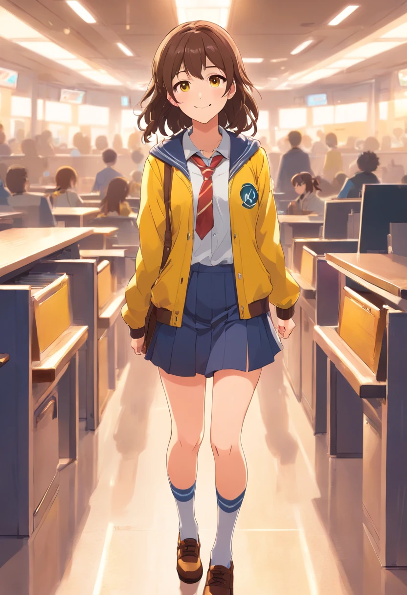 Masterpiece, high quality, 1girl, age_girl, solo, full_body, brown_hair, long_hair, curly_hair, hazel_eyes, decent_bust, yellow_school_uniform, yellow_jacket, yellow_pencil_skirt, white_thigh_high_socks, black_high_heels, smile, artist_name, flat_color