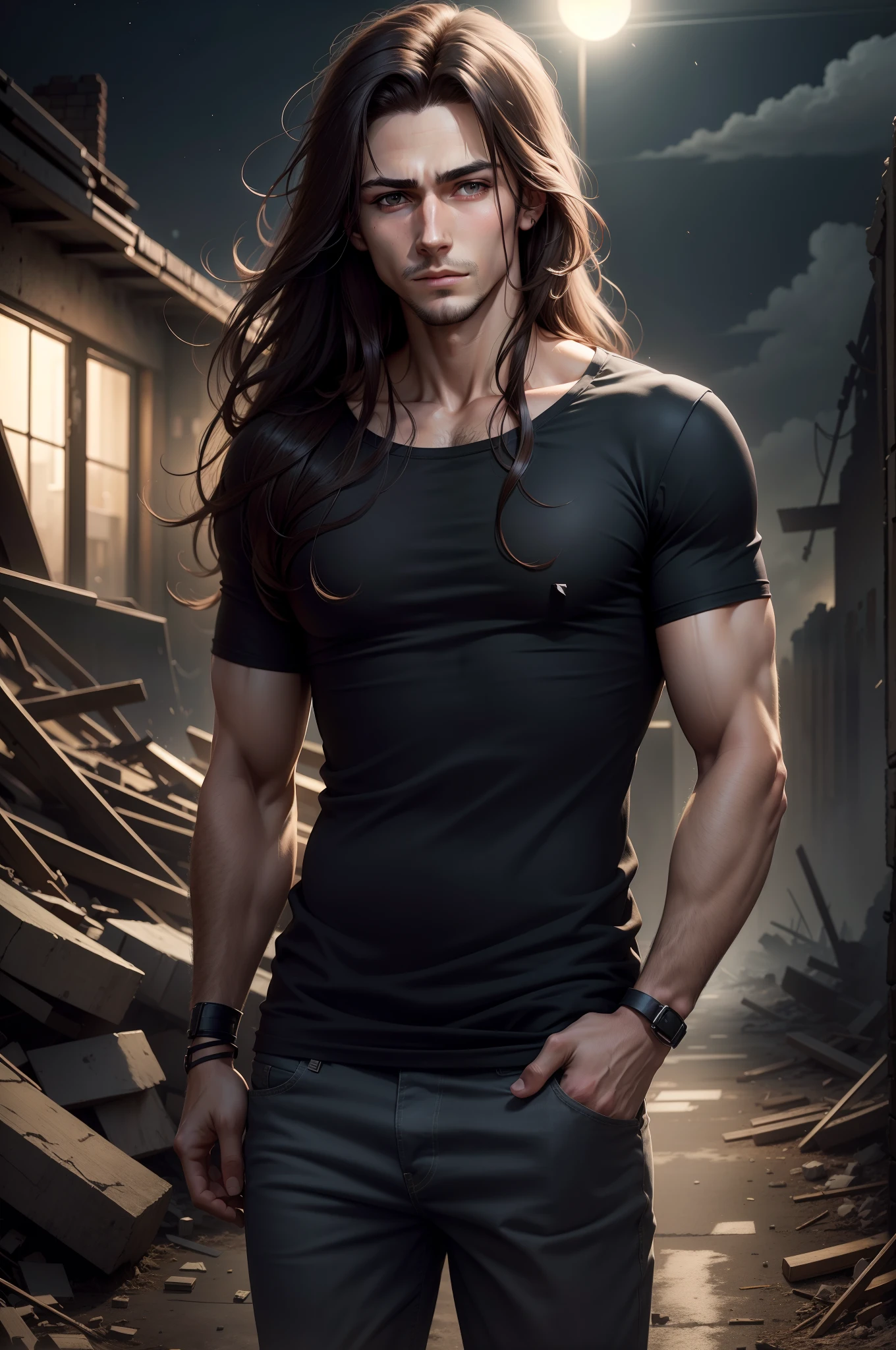 realistic 8k image of a handsome 23-year-old man, long brown hair, brown eyes, dressed in a simple black casual shirt, with bandages on his arms, serious expression, amid the ruins on a night, anime-style artwork