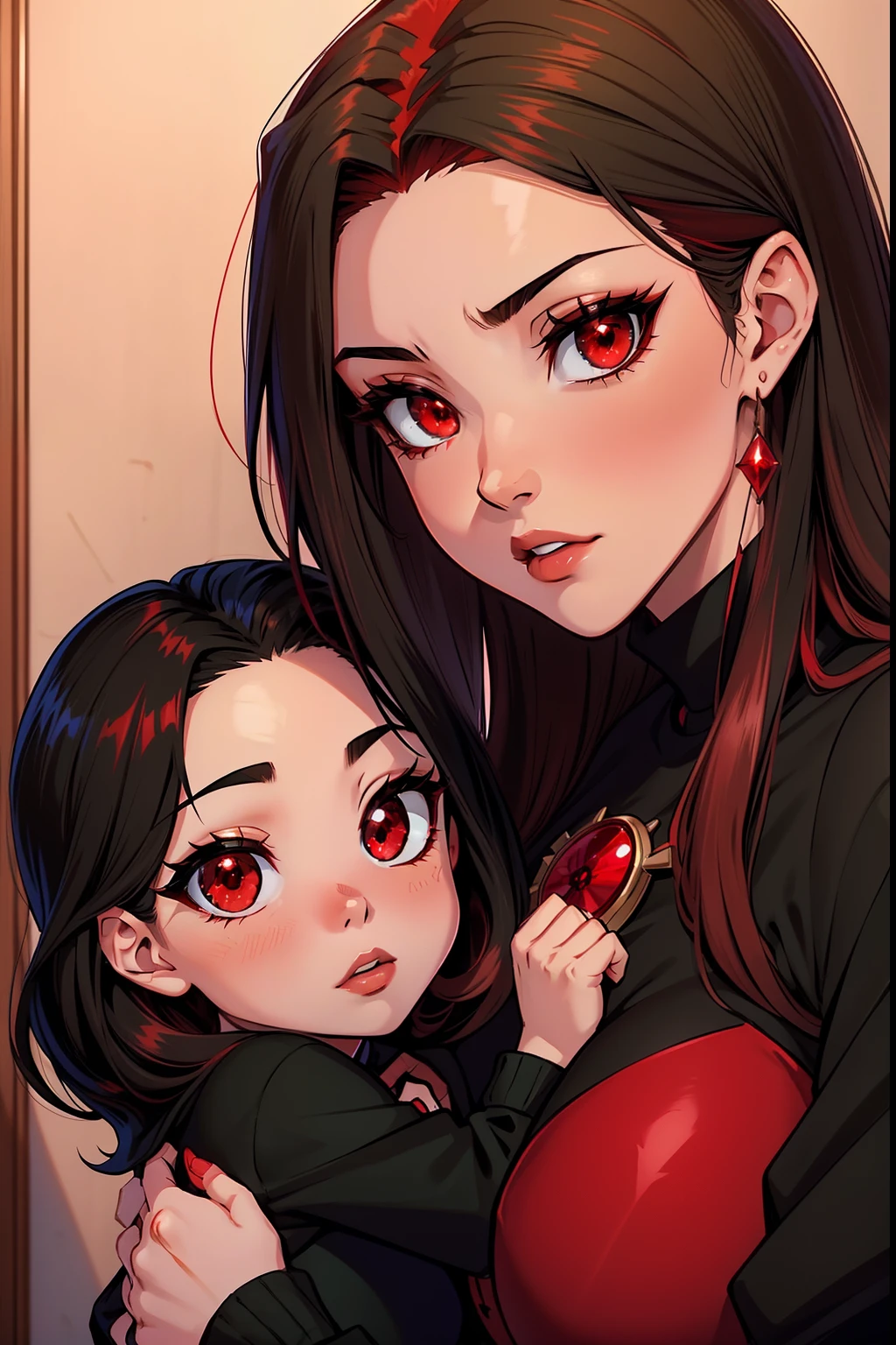 Megumin (black hair, red Eyes) with her little daugheters: Esmeralda (brown hair , red eyes). Ruby (Red Hair, green eyes),Aria Rose (Black hair, blu eyes)