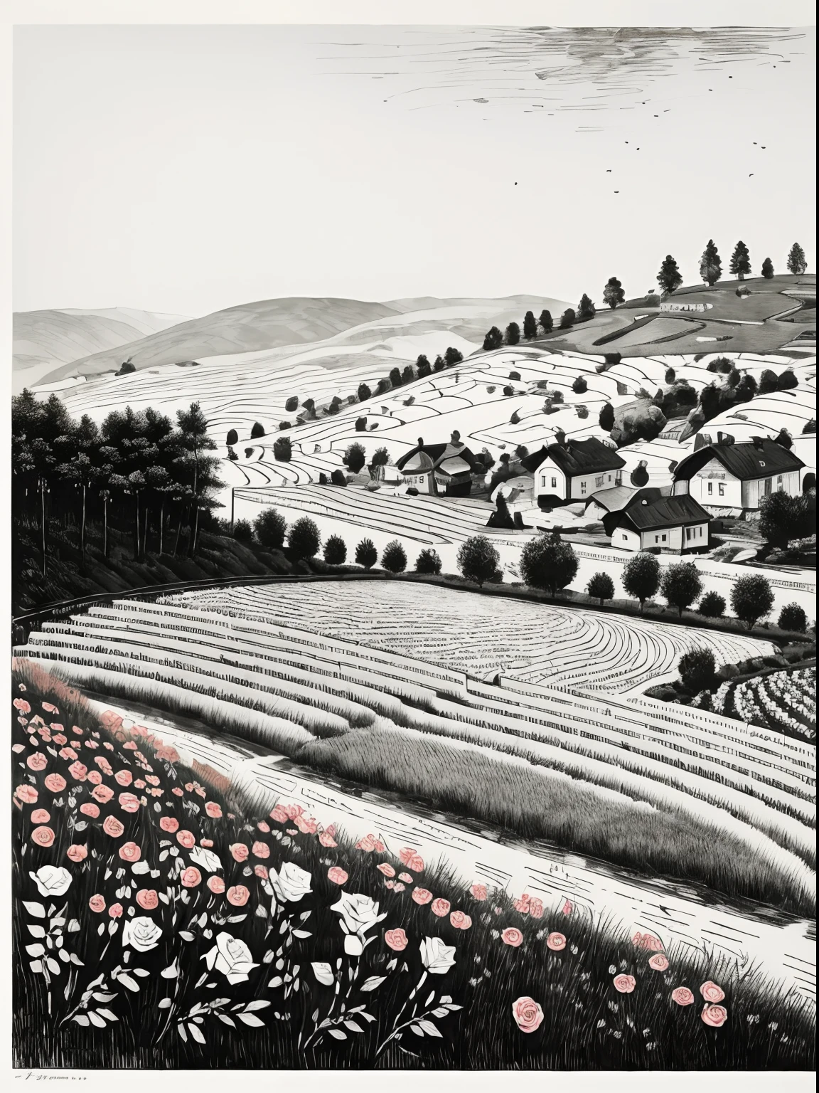 Masterpiece, Artis,in the early morning，etchings，black andwhite，handpainted，There are no houses，Close-up of roses，Farmers pick rose petals，Hard work，Flat hillside，Rose planting circles，Large patches of roses，Black line on white，Clear rose pattern，Obvious engraving brush strokes，Copper plate engraving，artwork of a，Story