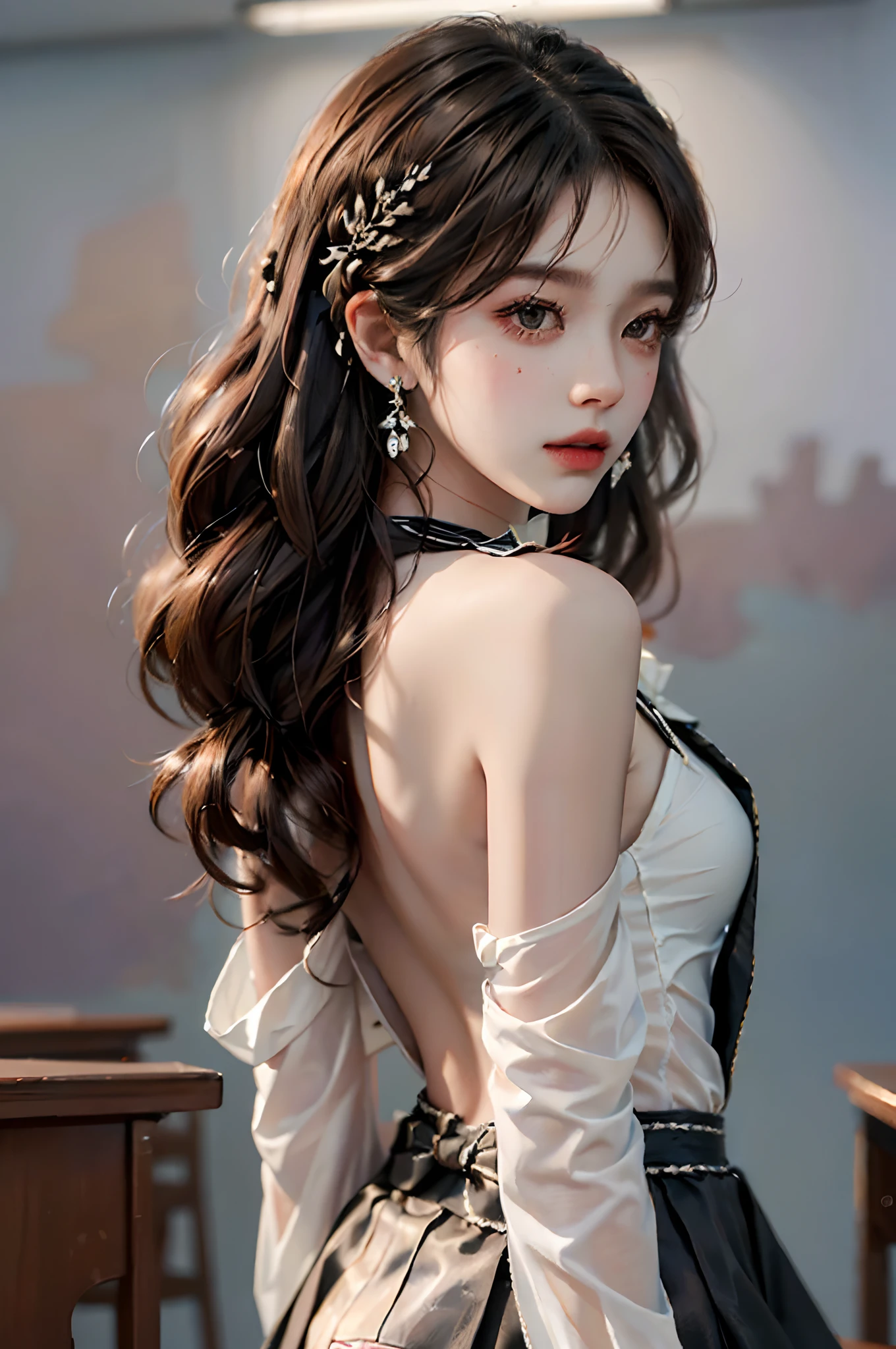 Modify hair only、Face）White clothes，chiffon，Reddish-brown hair，curls，ponytail，Nice bun，Perfect hairstyle，red headdress，red eyes，red eye，red pupils，Delicate and detailed eyes，clear eyes，Red eyes，huge ，Extremely detailed CG unified 8K wallpaper，blurred background，realistic