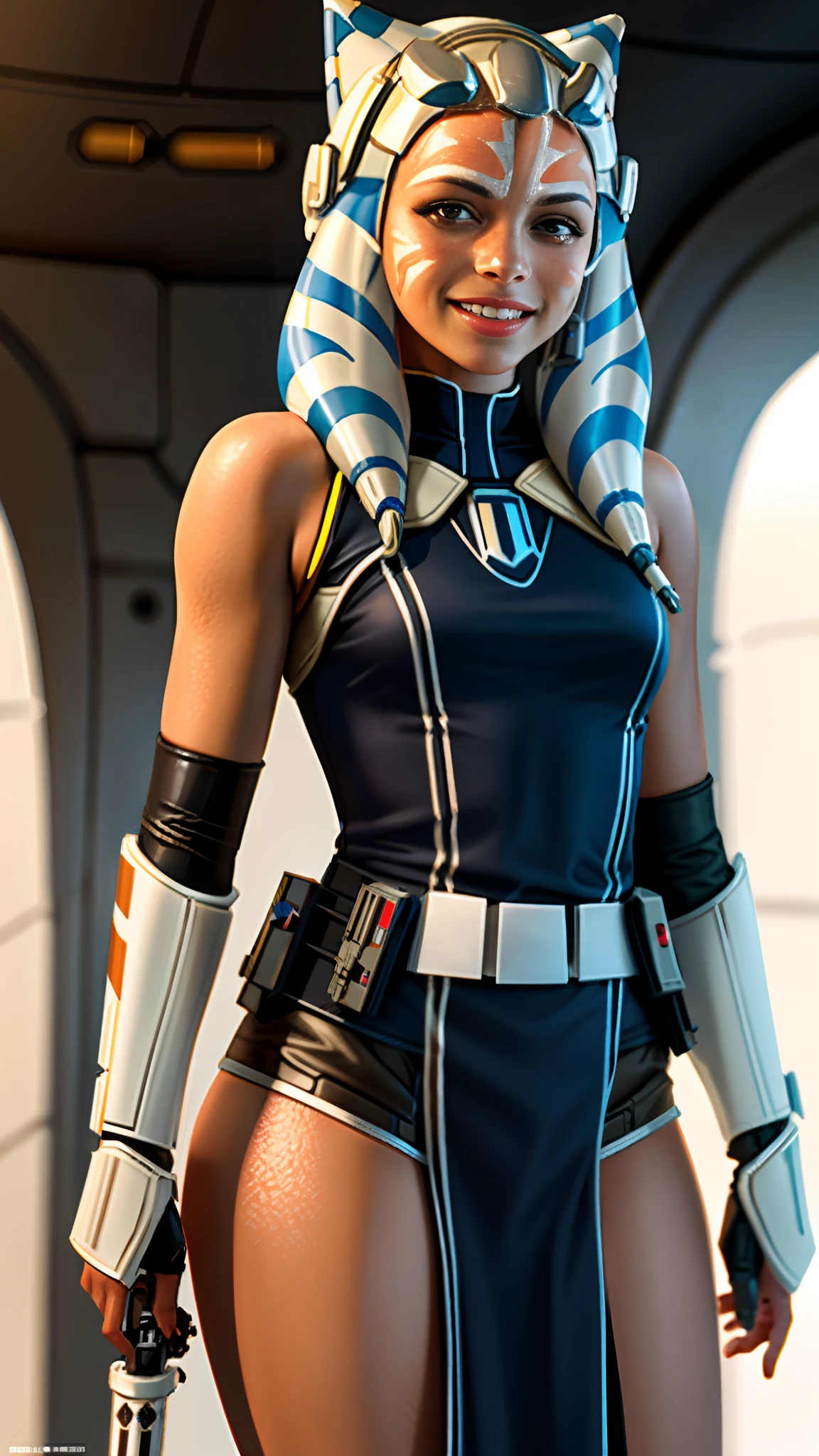 realistic detail photography, Star war concept,a sexy girl,18 years old,Ahsoka,realistic detail photography, white lightsaber,smile,soft focus effect