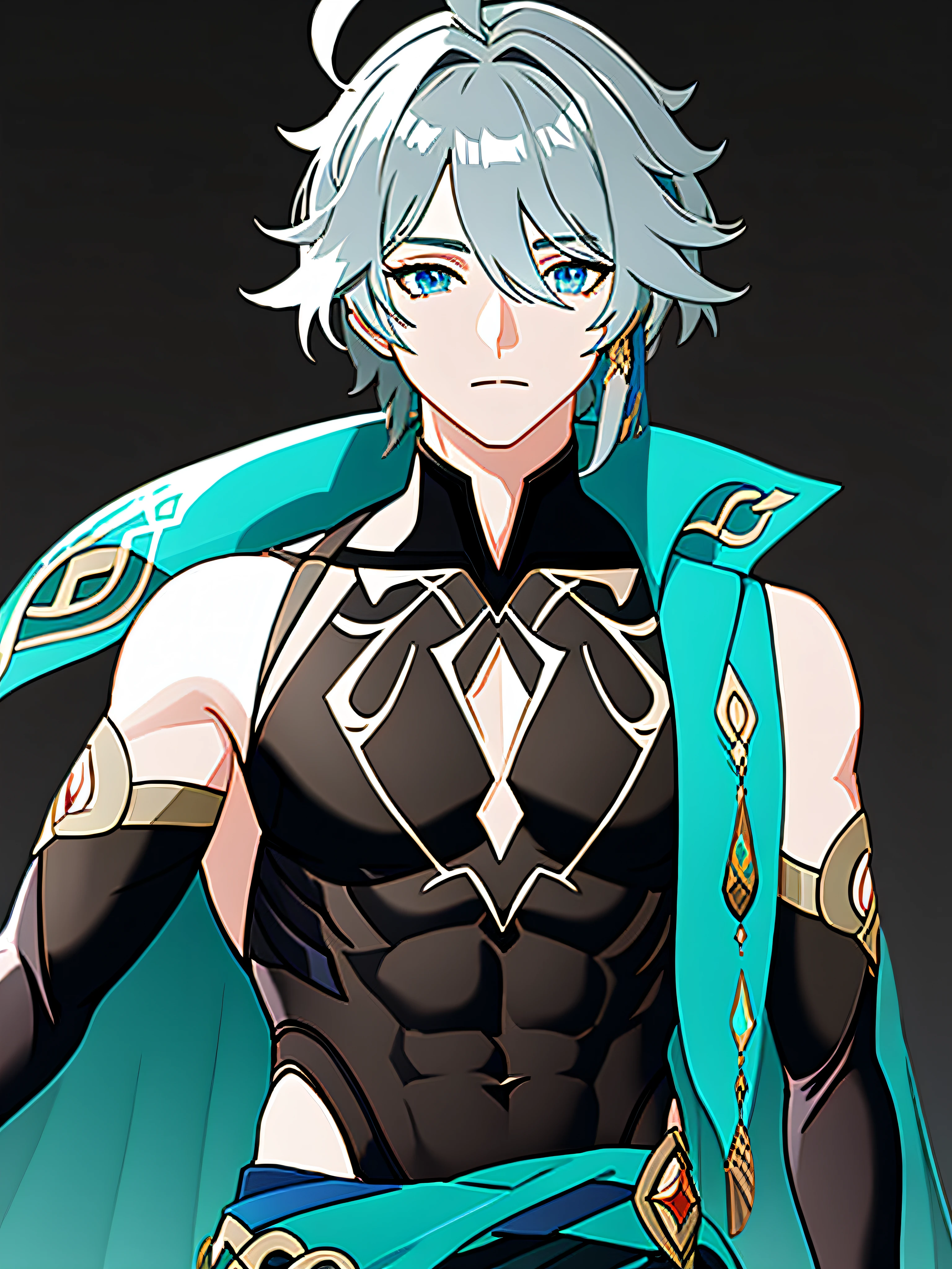 masterpiece
best quality
alhaitham\(genshin impact\)
boy
solo
grey hair
gloves
bangs
aqua eyes
symmetrical eyes
ahoge
short hair
hair between eyes
swept bangs
elbow gloves
parted bangs
wallpaper