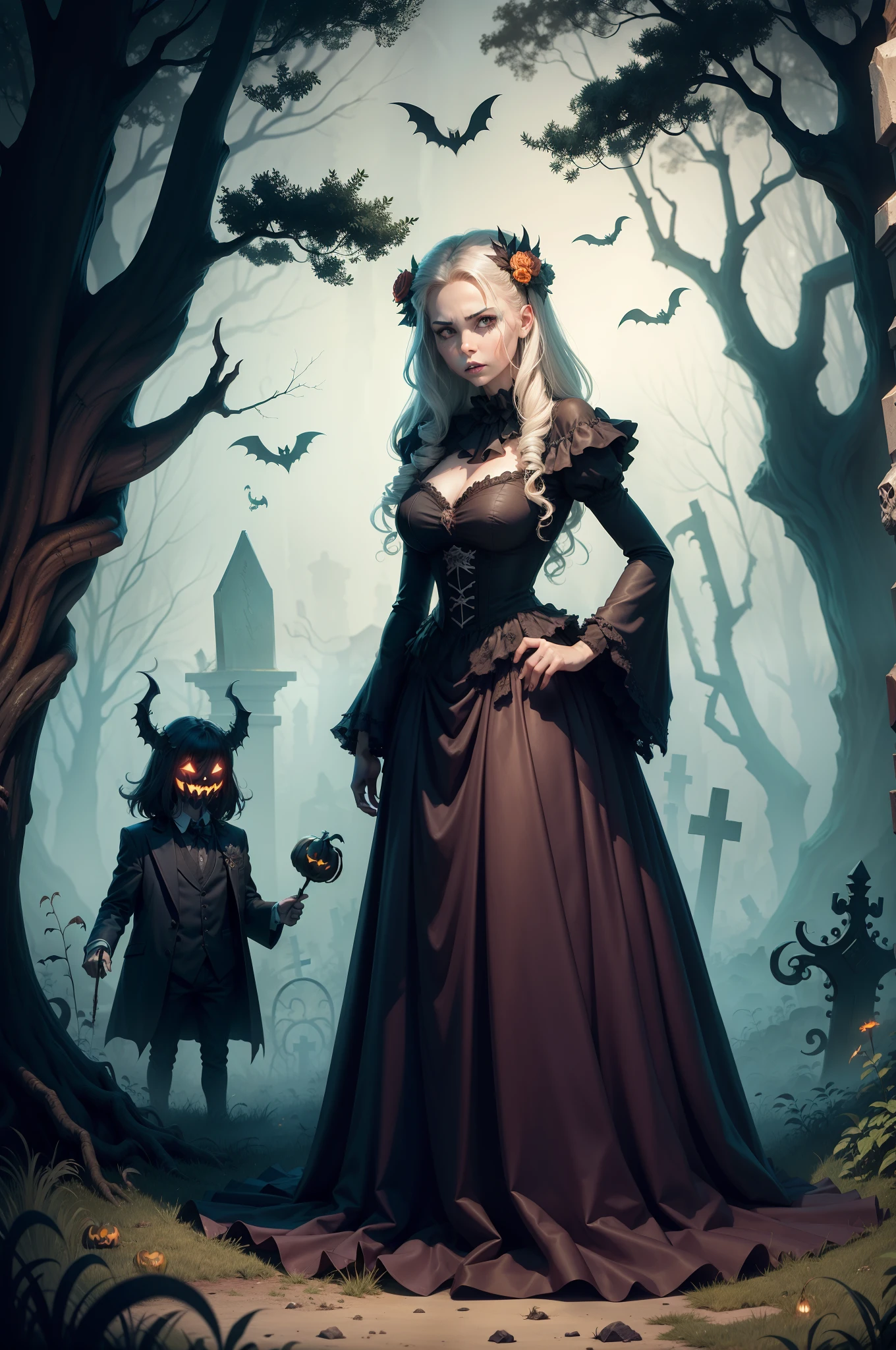 Halloween monsters, in a spooky overgrown graveyard setting