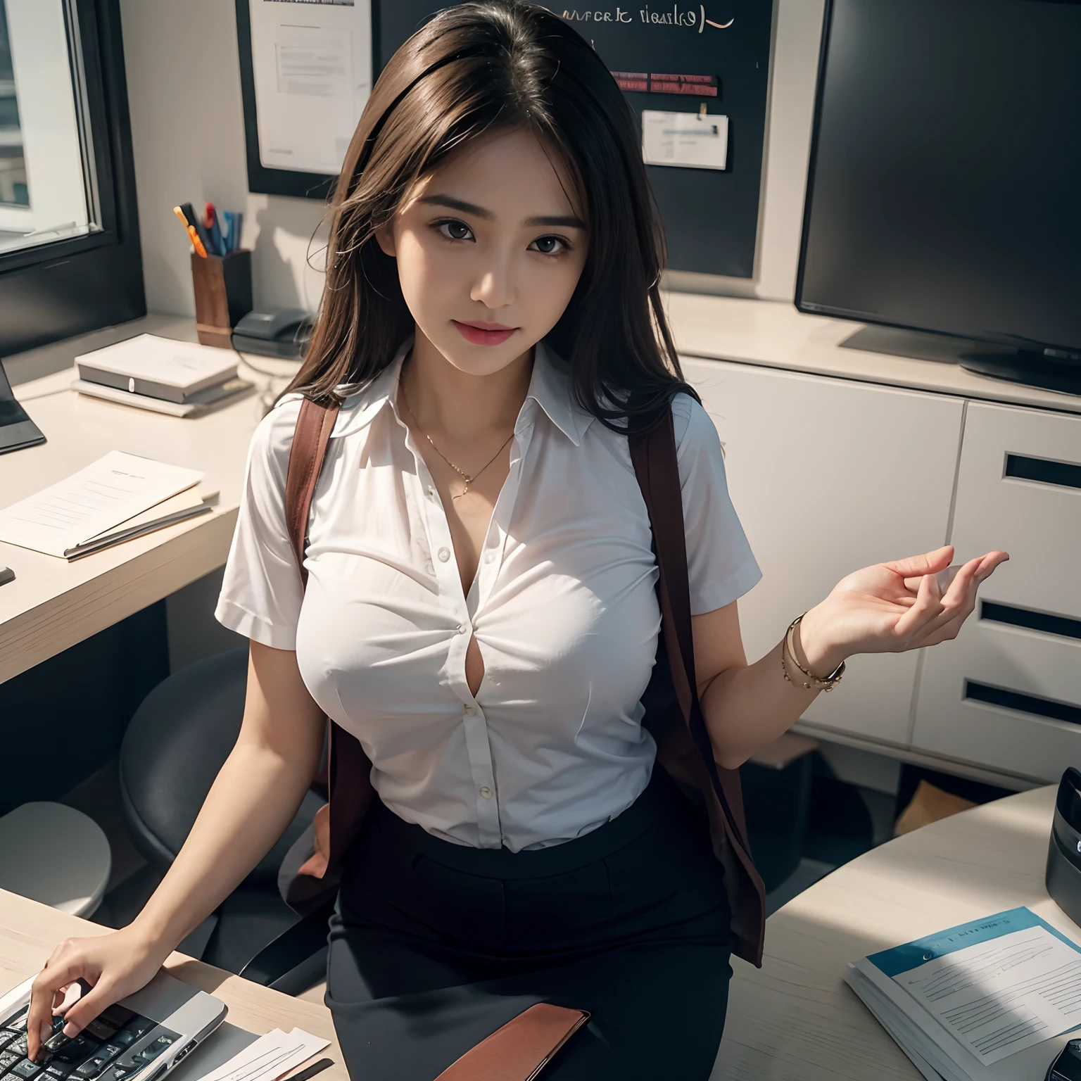 8k, ultra realistic, UHD, best quality, photorealisitc, intricate details, candid photography, a beautiful girl in revealing office worker outfit,