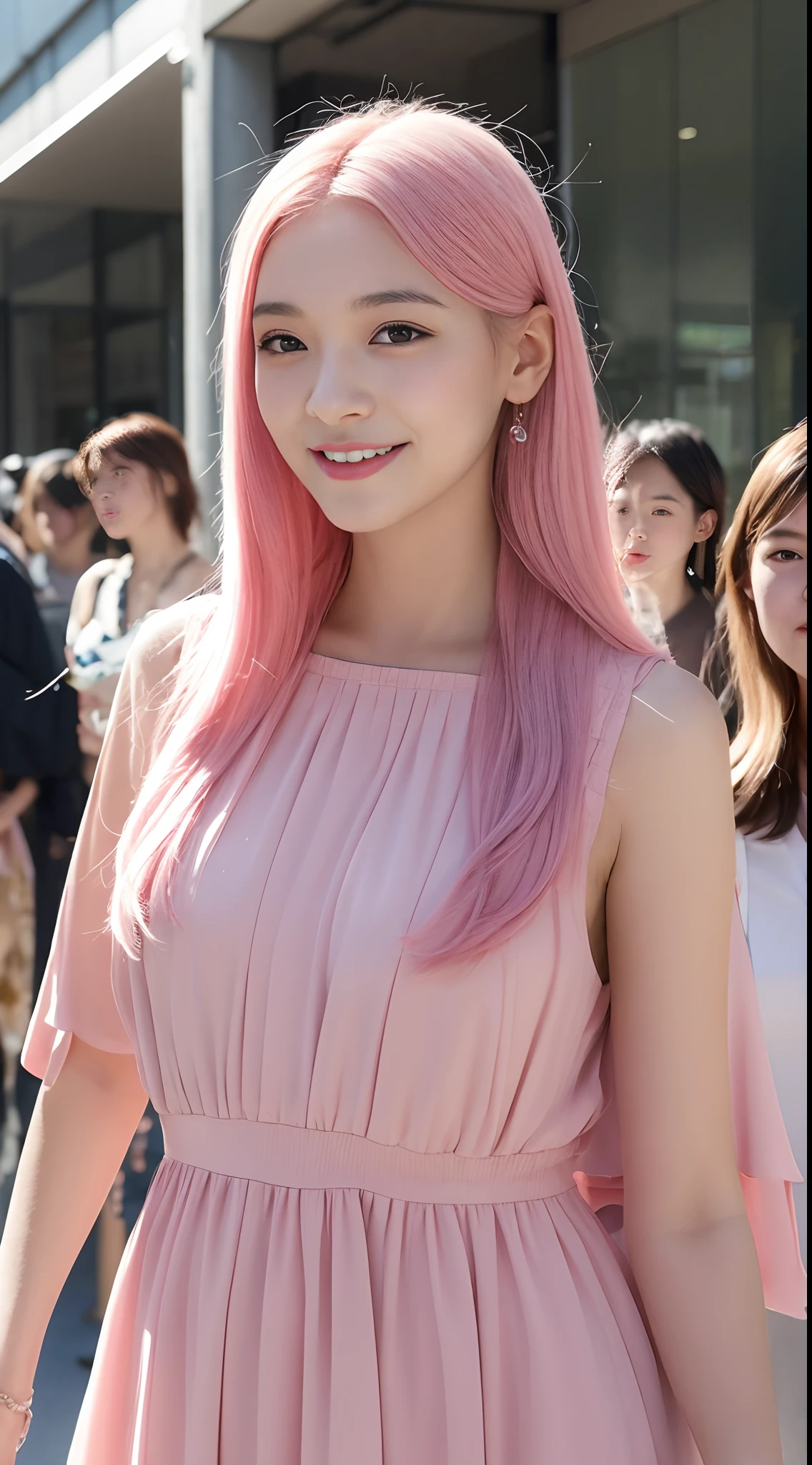 （（best qualtiy，8k，tmasterpiece：1.3））， 1girll， ssmile， full bodyesbian， Slim Faces， Beautiful woman， （Pink hair）， full length dress ：1.1， Super detailed face， Detailed eyes， 二重まぶた， blur backgroun， Slim Faces， 城市， do lado de fora， the street，