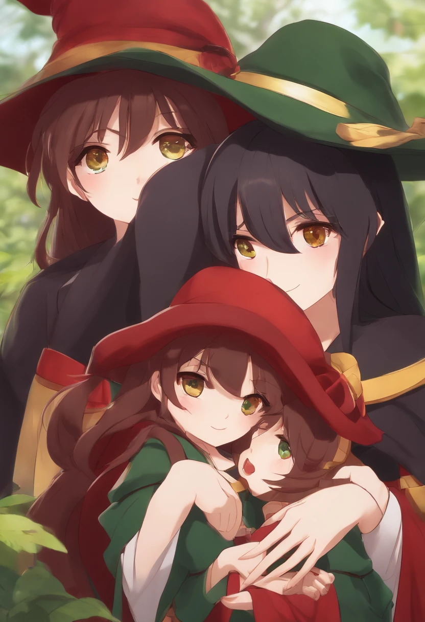 Megumin have black hair, red Eyes) with her little daugheters: Esmeralda have brown hair , red eyes). Ruby have Red Hair, green eyes), Aria Rose have Black hair, blu eyes)