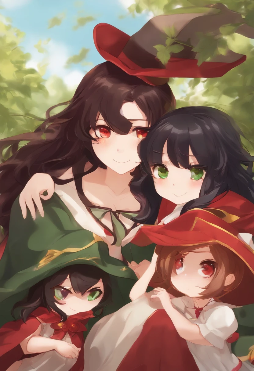 Megumin have black hair, red Eyes) with her little daugheters: Esmeralda have brown hair , red eyes). Ruby have Red Hair, green eyes), Aria Rose have Black hair, blu eyes)