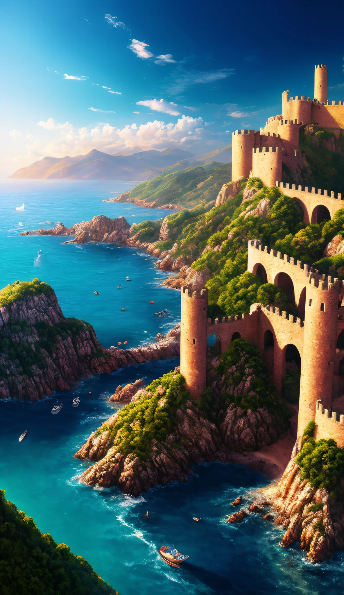 retrofuturism style, a painting of a town on a mountain, cliffside town, incredibly beautiful, italian mediterranean city, beautiful mattepainting, realistic photo of a town, mountain fortress city, mediterranean city, fantasy italy, beautiful cityscape, beautiful matte painting, the most beautiful landscape, very beautiful matte painting, a beuatiful matte painting, extravagant matte painting, 4k highly detailed digital art