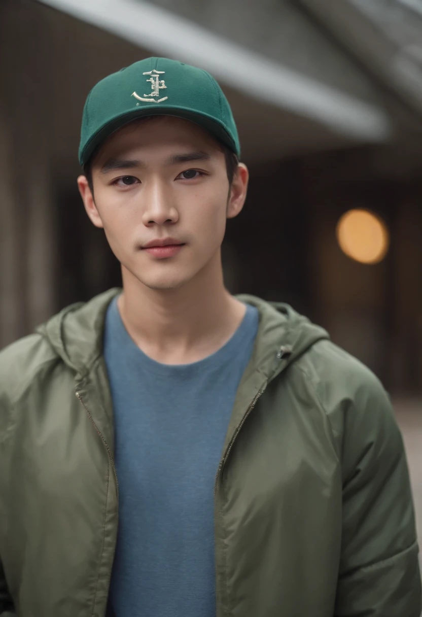 (((best quality, 8k))) Korean race, fair complexion, man around 25 years old, has blond hair, medium length hair, distinctive green eyes, wearing blue baseball cap, sharp jawline, handsome, wearing dark green jacket, ultra sharp focus, realistic shot, tetradic colors