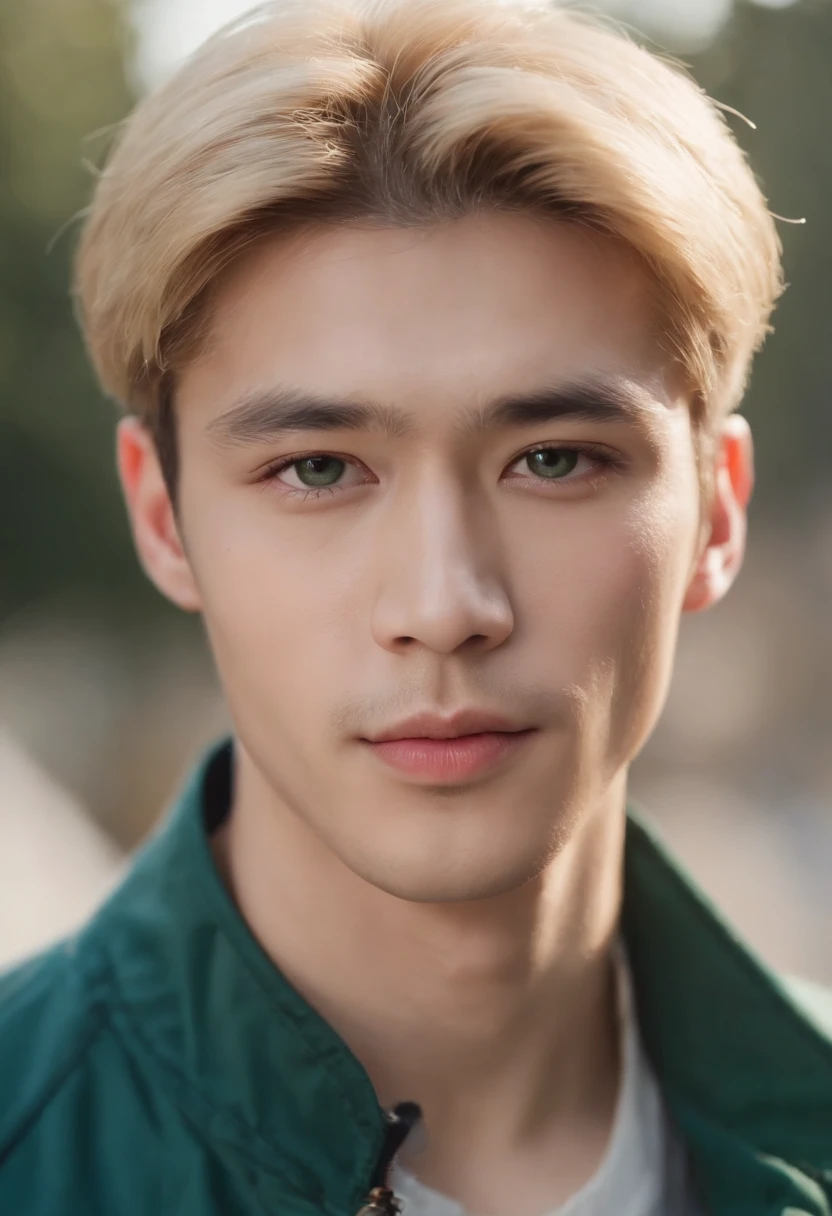 (((best quality, 8k))) Korean race, fair complexion, man around 25 years old, has blond hair, medium length hair, distinctive green eyes, wearing blue baseball cap, sharp jawline, handsome, wearing dark green jacket, ultra sharp focus, realistic shot, tetradic colors