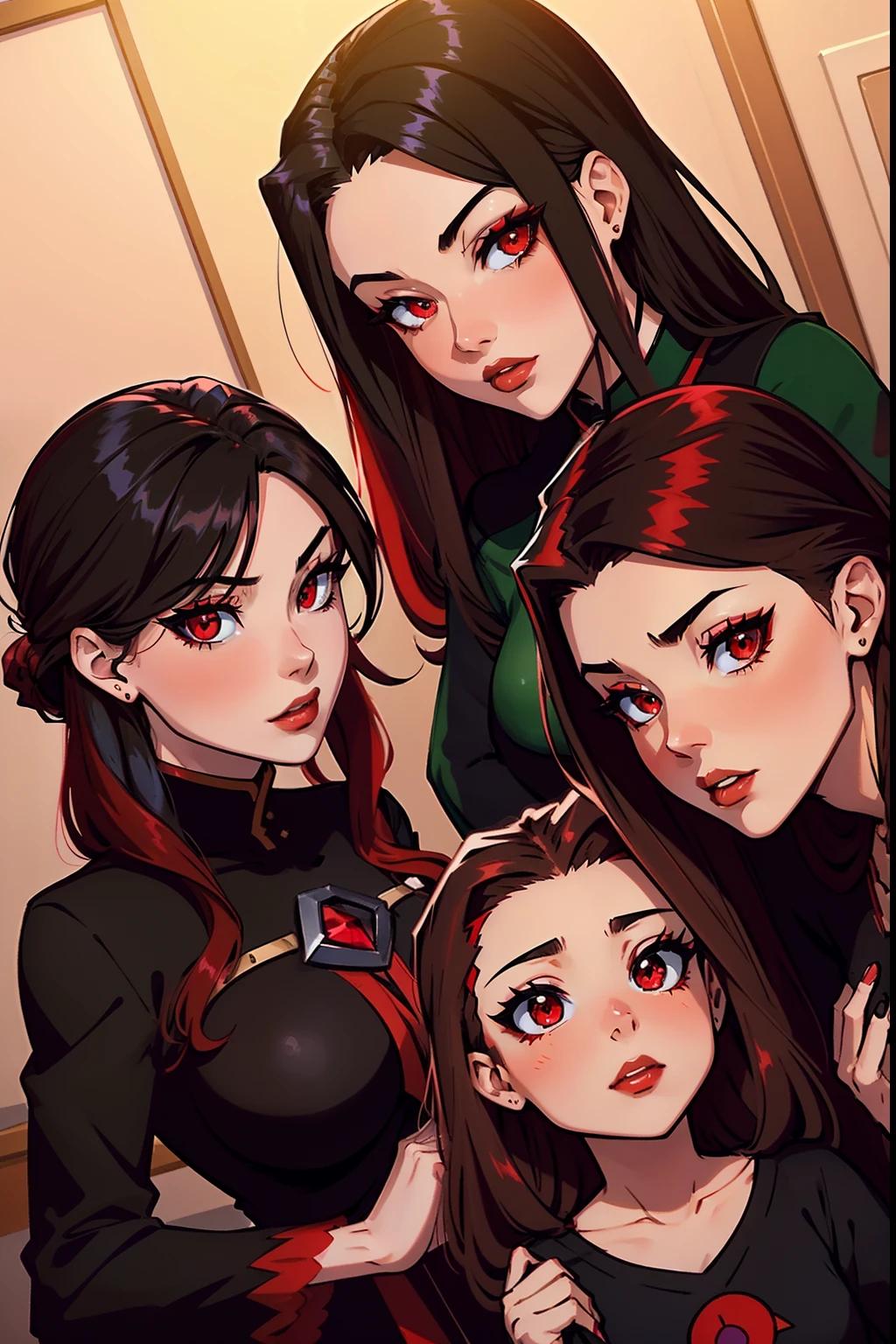 Megumin (black hair, red Eyes) with her little three daugheters: Esmeralda (brown hair , red eyes). Ruby (Red Hair, green eyes),Aria Rose (Black hair, blu eyes)