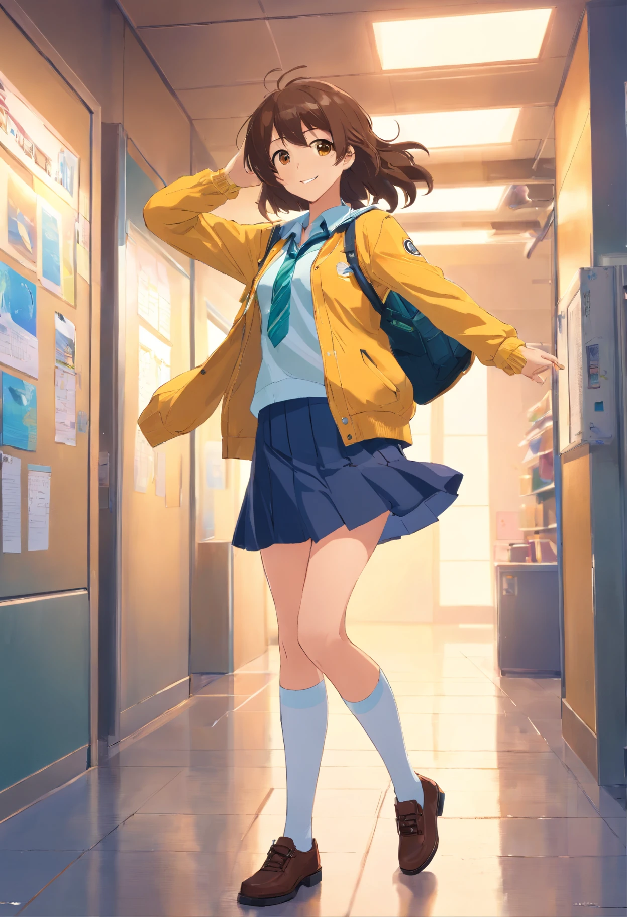 Masterpiece, high quality, 1girl, teenage_girl, solo, full_body, brown_hair, long_hair, curly_hair, hazel_eyes, decent_bust, yellow_school_uniform, yellow_jacket, yellow_pencil_skirt, white_thigh_high_socks, black_high_heels, smile, artist_name, flat_color