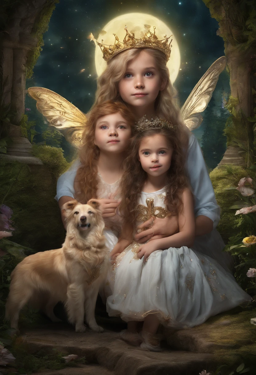 YOUNG SIBLINGS IN FAIRYLAND WITH THEIR GOLDEN RETRIEVER AND LIGHT FAIRIES, NIGHTTIME, NATURE, MOONLIGHT, WEARING PRINCESS CROWNS, 8K, detailed matte painting, deep color, fantastical, intricate detail, splash screen, complementary colors, fantasy concept art, 8k resolution trending on Artstation Unreal Engine 5"