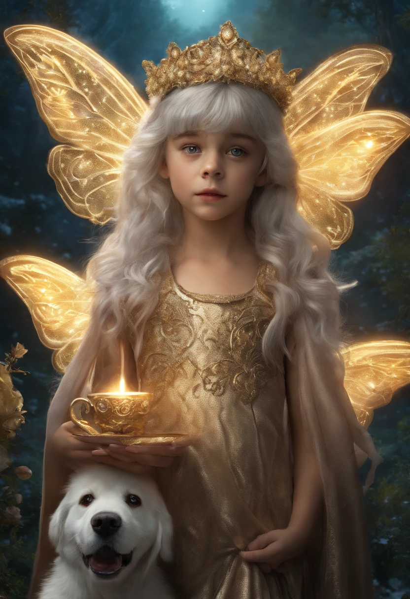 YOUNG SIBLINGS IN FAIRYLAND WITH THEIR GOLDEN RETRIEVER AND LIGHT FAIRIES, NIGHTTIME, NATURE, MOONLIGHT, WEARING PRINCESS CROWNS, 8K, detailed matte painting, deep color, fantastical, intricate detail, splash screen, complementary colors, fantasy concept art, 8k resolution trending on Artstation Unreal Engine 5"