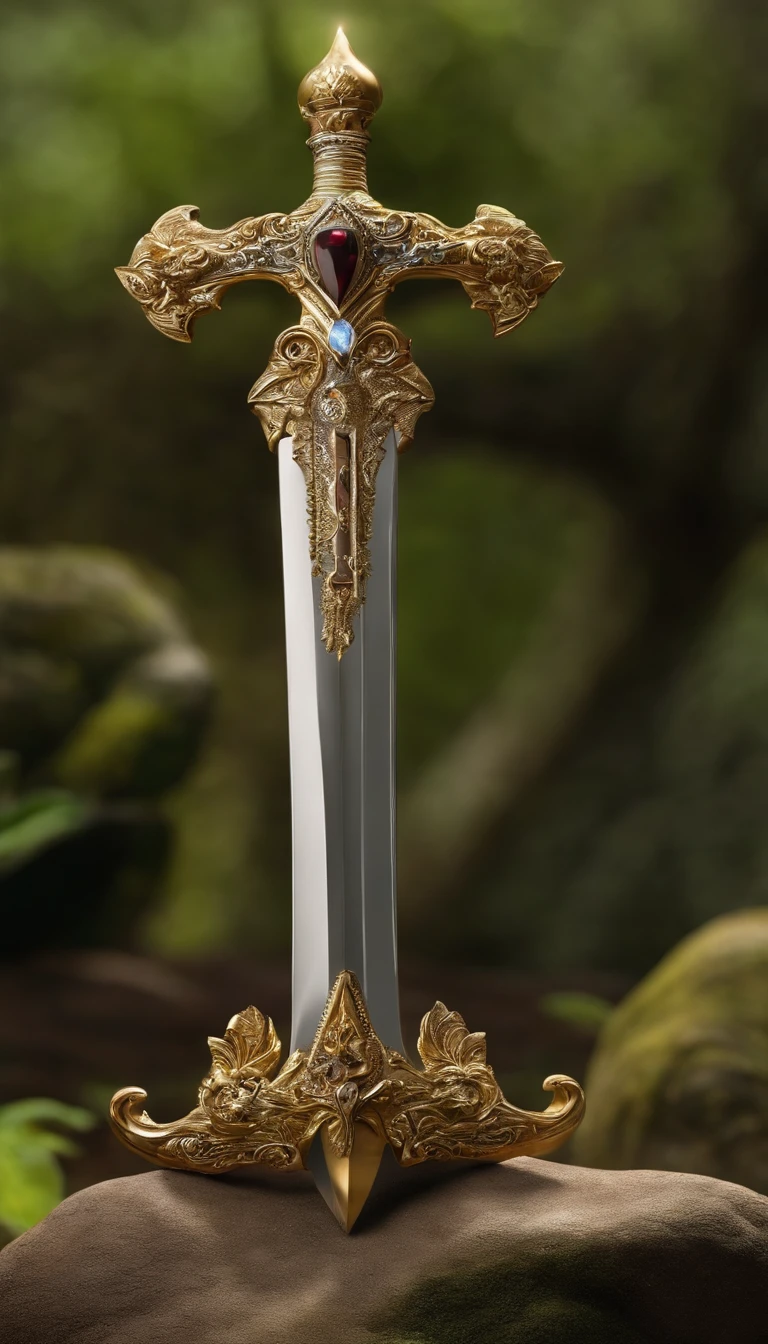 excalibur (destacado、profissional、surreal)、espada detalhada, Textura  marfim, Fixation on precious stones，，Lying on the ground sword placed on the excalibur stone, Excalibur, espada, na pedra, bretoes medievais, Ornithopods em uma selva,, linhas grossas, sombreamento , (luz do sol )