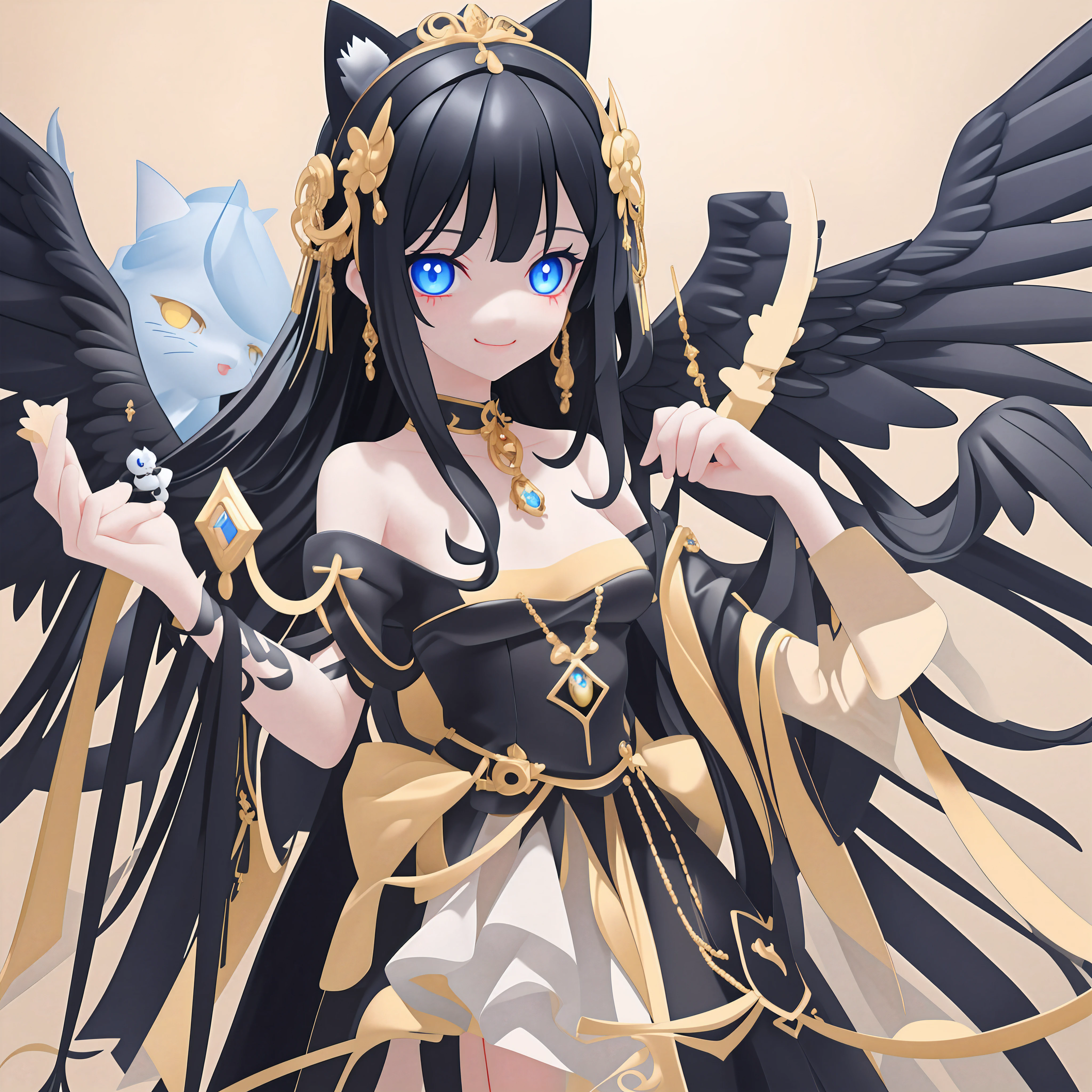 beautiful girl, with black hair, with blue eyes and one yellow eye, with a sweet smile, and a cat ear tiara, black wings on her back like an angel, with her hands together, looking forward, 8k