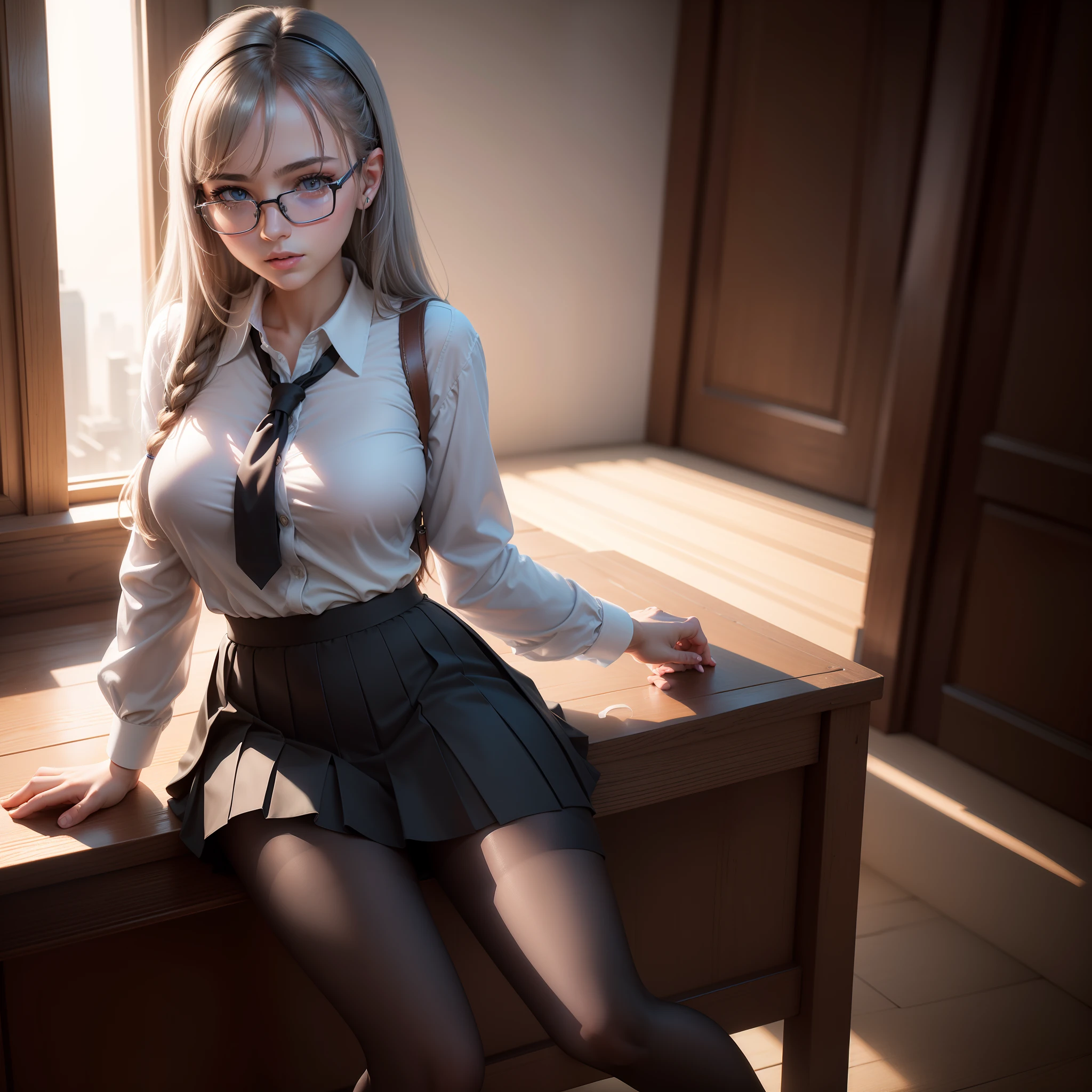 Ultrarealistic, photo, photorealistic, High quality, realistic style, full body, high definition, high quality, realistic, shaded, photorealism, Ray tracing, 8k, uhd, masterpiece, beautiful young woman, short height, small breasts, small body, small girl, with a short school uniform with skirt, large cleavage in a transparent white shirt, spread legs, spreading her crotch wide with one hand , garter belt with black stockings, pointy teat, tiny and transparent thong showing a pubian hair in a heart shape, happy face smiling and showing her teeth , long blonde hair sweaty and wet, blinked eye, glasses, sitting on a school teacher desk, classroom environment, papers and tests on the desk, nsfw, bare crotch