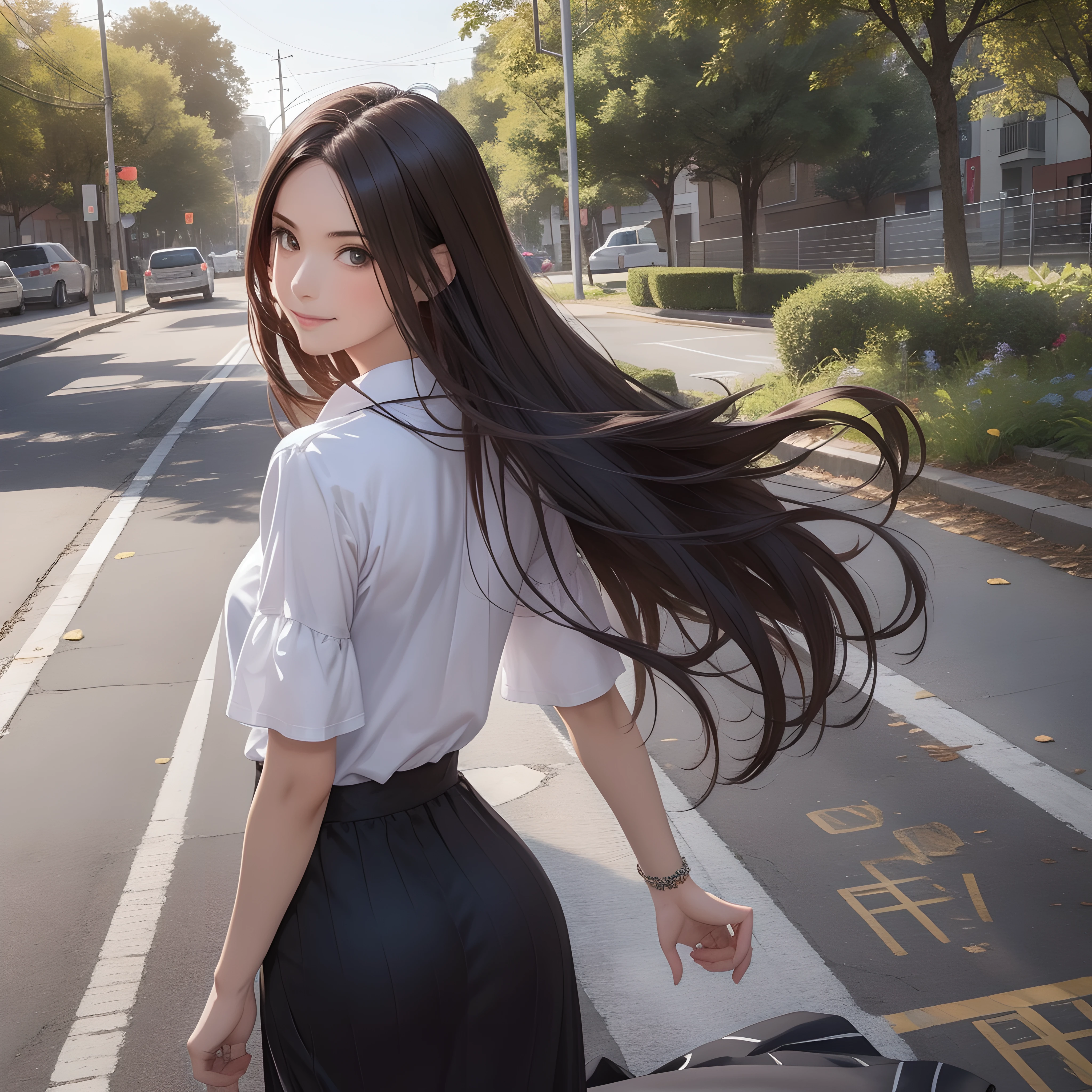 (1girl:1.3), (photorealistic:1.4), (masterpiece, top quality, best quality, official art), extreme detailed, highest detailed, (ultra-detailed), ((an extremely delicate and beautiful)), cinematic light, contemporary,
silky long hair, (brown hair),
she Walking at the park, in evening,
shirt, long skirt,
upper body, from above,
shy, smile, (looking back:1.4), 26 years old