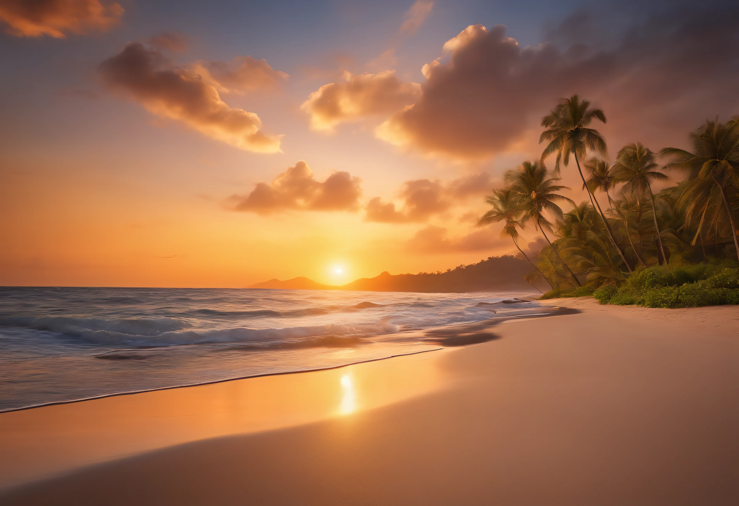 best quality,8k,ultra-detailed,realistic:1.2,photorealistic:1.37,vivid colors,sharp focus,bokeh,physically-based rendering,professional,beach at sunset,magnificent view, detailed waves crashing onto the shore, golden sunlight illuminating the scene, shimmering reflection on the water's surface, silhouettes of palm trees against the vibrant sky, gentle breeze rustling through the beach grass, people enjoying the peaceful ambiance, tranquil atmosphere, soothing sound of the ocean waves, perfectly captured moment