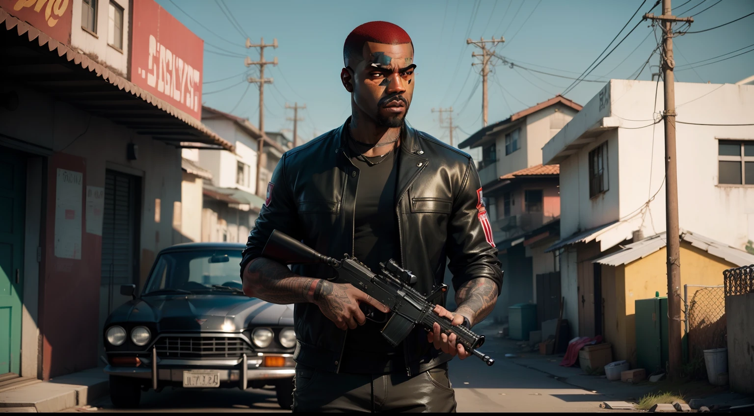 There's a man , gta personagem, Como o protagonista de GTA 5, GTA V Estilo, como um personagem de gtav, corte de cabelo red,cabelo red,Kanye West em GTA v, Estilo GTA5, gta v personagem, empunhando fuzil de assalto,rifle in hand ,fuzil AK-47 ,gta 5 tom de pele negro,em favela estilo brasil