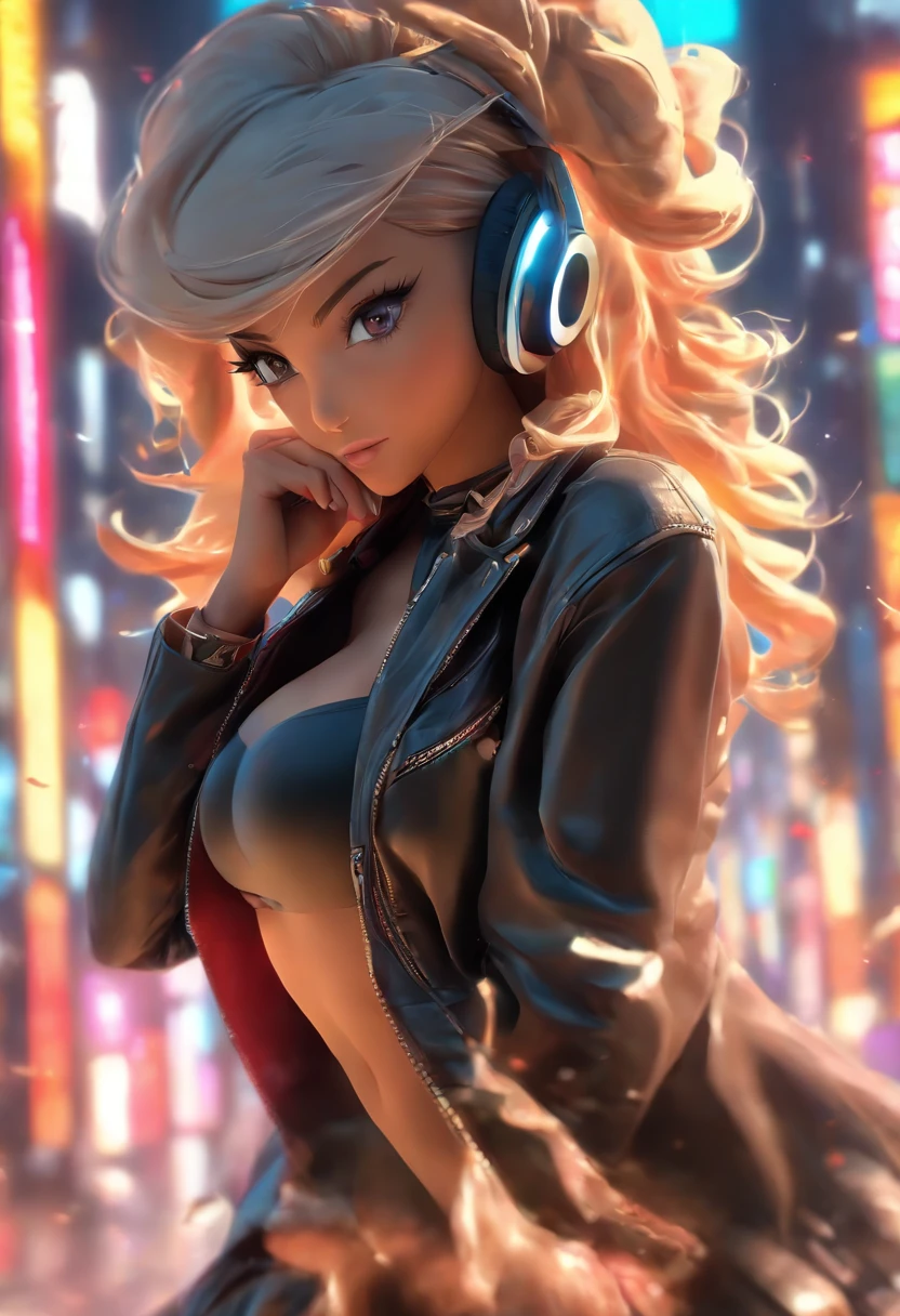 Anime - Stylistic image of a woman in a dress and a leather jacket, Use headphones, photorealistic anime girl rendering, CG art soft anime, Realistic 3D anime style, anime big breast. Soft lighting, Realistic anime art, digital anime art, detailed digital anime art, 4K anime style, advanced digital anime art, seductive anime girls, anime styled digital art, 3D style anime, hijabi sluty