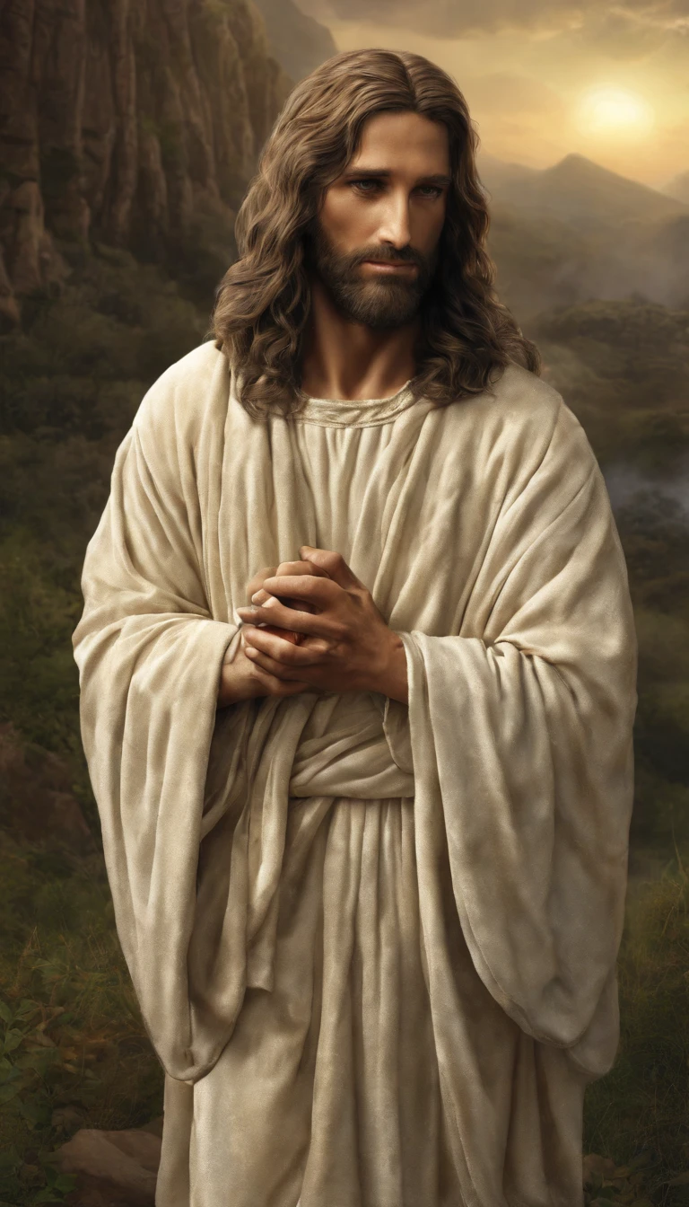 Please create a high-definition image of Jesus Christ in a serene and inspiring setting, where He radiates love and compassion. The image should capture His kindness and divinity, with soft colors and an atmosphere of peace. Ensure that the image is detailed and suitable for printing in large format.