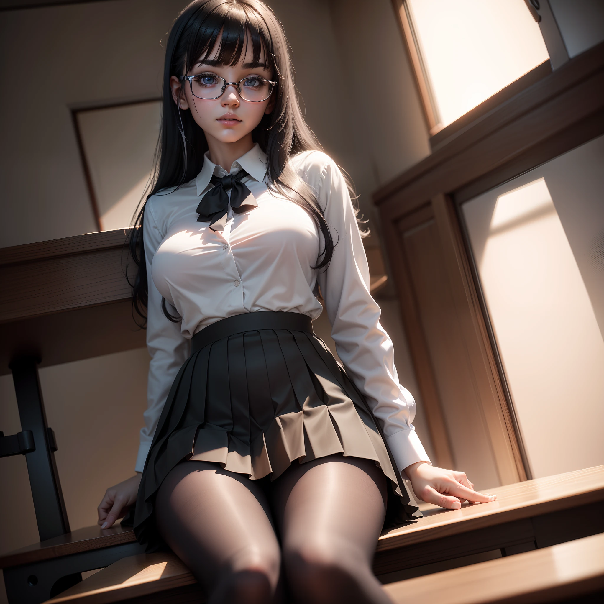ultra realistic 8k cg, picture-perfect face, flawless, clean, masterpiece, professional artwork, famous artwork, perfect face, beautiful face, beautiful eyes, ((perfect female body)), solo,(immersive atmosphere, chiaroscuro:1.5,bright light:1.2,luminous lighting)
,,(blush:0.5),seductive expression,extremely detailed_eyes,thick thighs,large breasts,
beautifully detailed background,depth of field,realistic:1.3, long shot,1girl,shirt,pleated skirt, school uniform, sitting, full body, sitting on a desk
(ambient light:1.3),(cinematic composition:1.3),(neon lights:0.1),(HDR:0.1),Accent Lighting, black pantyhose, silver glasses, black hair, straight hair,