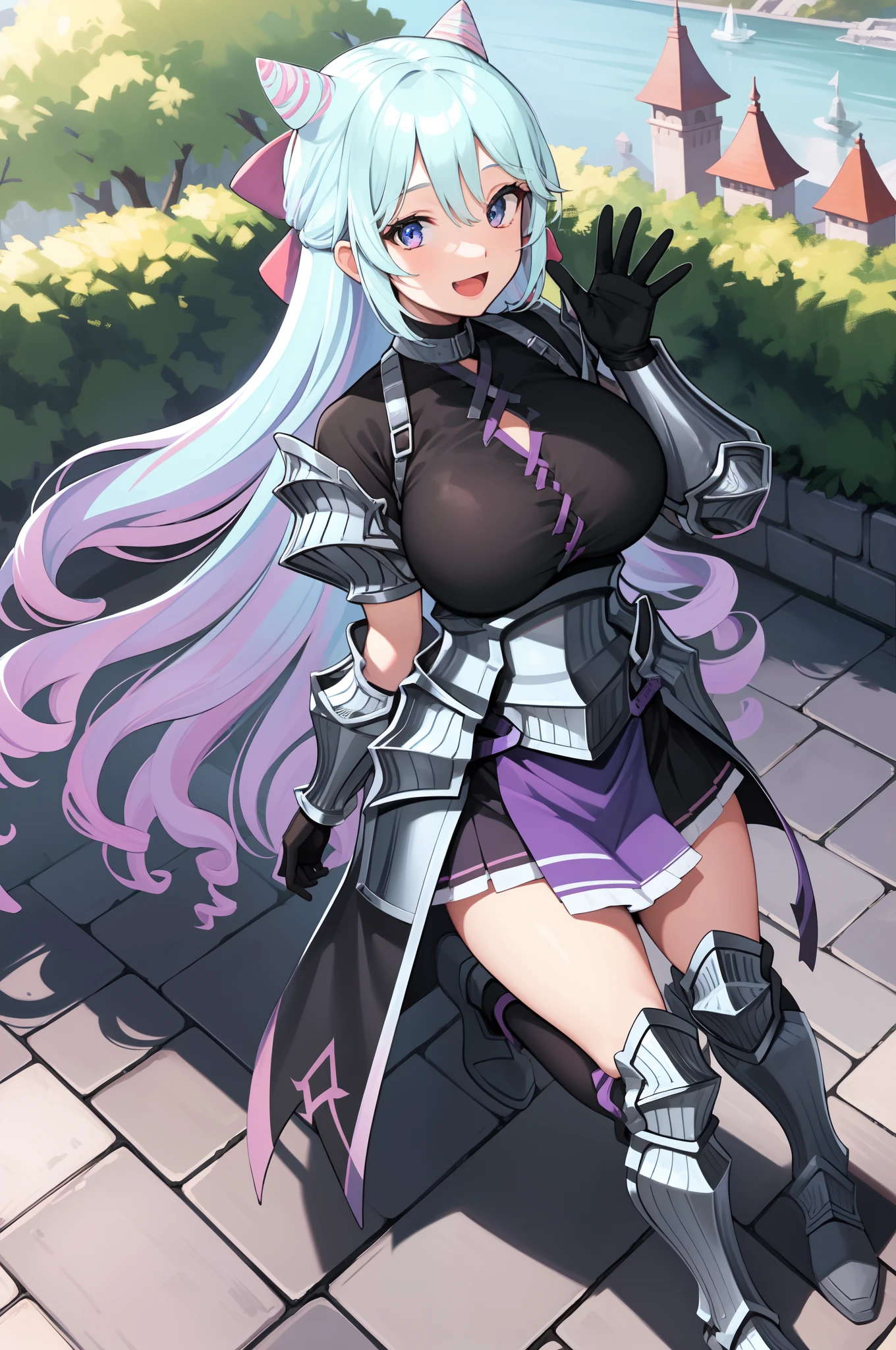 masterpiece, best quality, rosado, otoko no ko, armor, cone hair bun, hair bow, black gloves, purple skirt, pink leggings, armored boots, smile, open mouth, happy, garden, castle grounds, waving huge breast, curvy,1girl