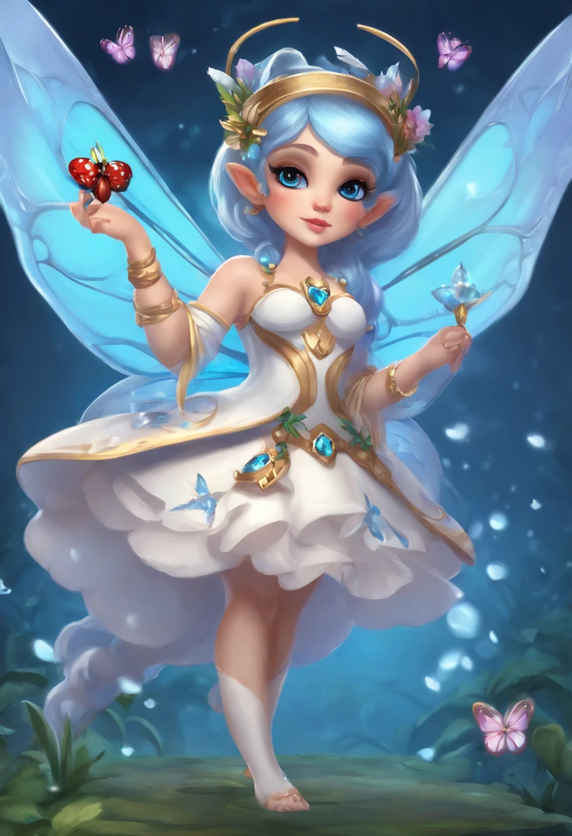 Loira de 1 bit，Anthropomorphic mature royal sister butterfly character with blue butterfly wings with a seven-star ladybug pet mini-hench，Personagem Pixie，character art of maple story，water fairy，arte oficial do personagem，Fadas，tiny faeries，arte oficial，fada，changelingcore，8k，Estilo de arte de League of Legends，Alex Flores，Fundo branco de meio corpo