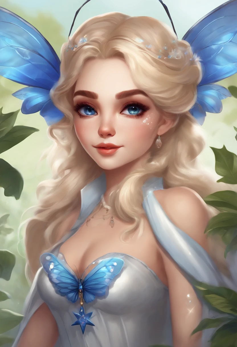 Loira de 1 bit,Anthropomorphic mature royal sister butterfly character with blue butterfly wings with a seven-star ladybug pet mini-hench,Personagem Pixie,character art of maple story,water fairy,arte oficial do personagem,Fadas,tiny faeries,arte oficial,fada,changelingcore,8k,Estilo de arte de League of Legends,Alex Flores,Fundo branco de meio corpo