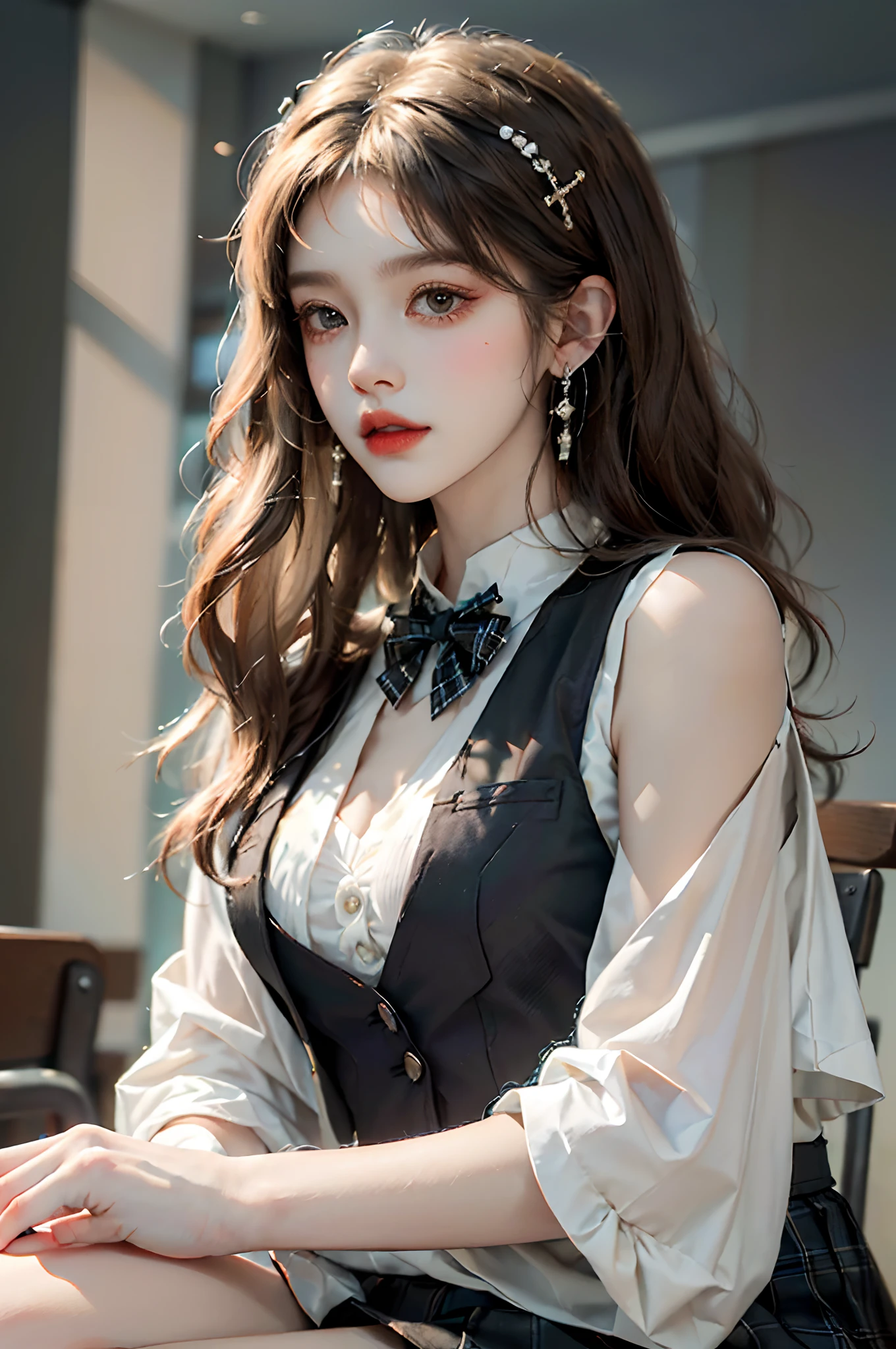 ((full body)), ((from above)), ((realistic)), 1girll, inside in room, Sit Pose, Sit on a barstool, slender leg, pretty legs, looking at viewert, Detailed scenes, curlies, Air bangs, Beautiful hair accessories, Brownish-yellow hair, ((White color blouse, Short black tight skirt, neck bowtie, high-heels)), (Campus style), warm lights, a warm color palette, Detailed details, ultra-detailliert, (tmasterpiece, best qualtiy), (An extremely delicate and beautiful work), Delicate earrings, Delicate necklace, Simple blurred background, Extreme detail description, Ultra-fine painting, Delicate face, slim toned body, (ssmile, Baring teeth), (anatomy correct)
