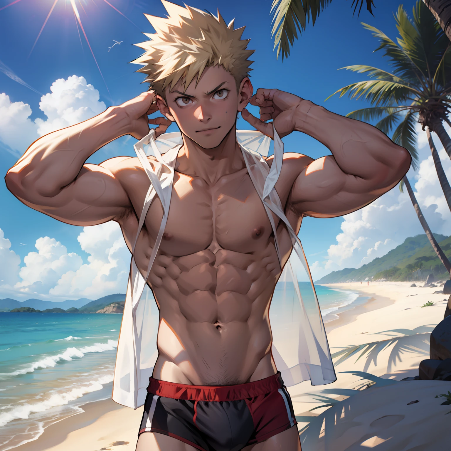 Bakugo de cueca transparente na praia