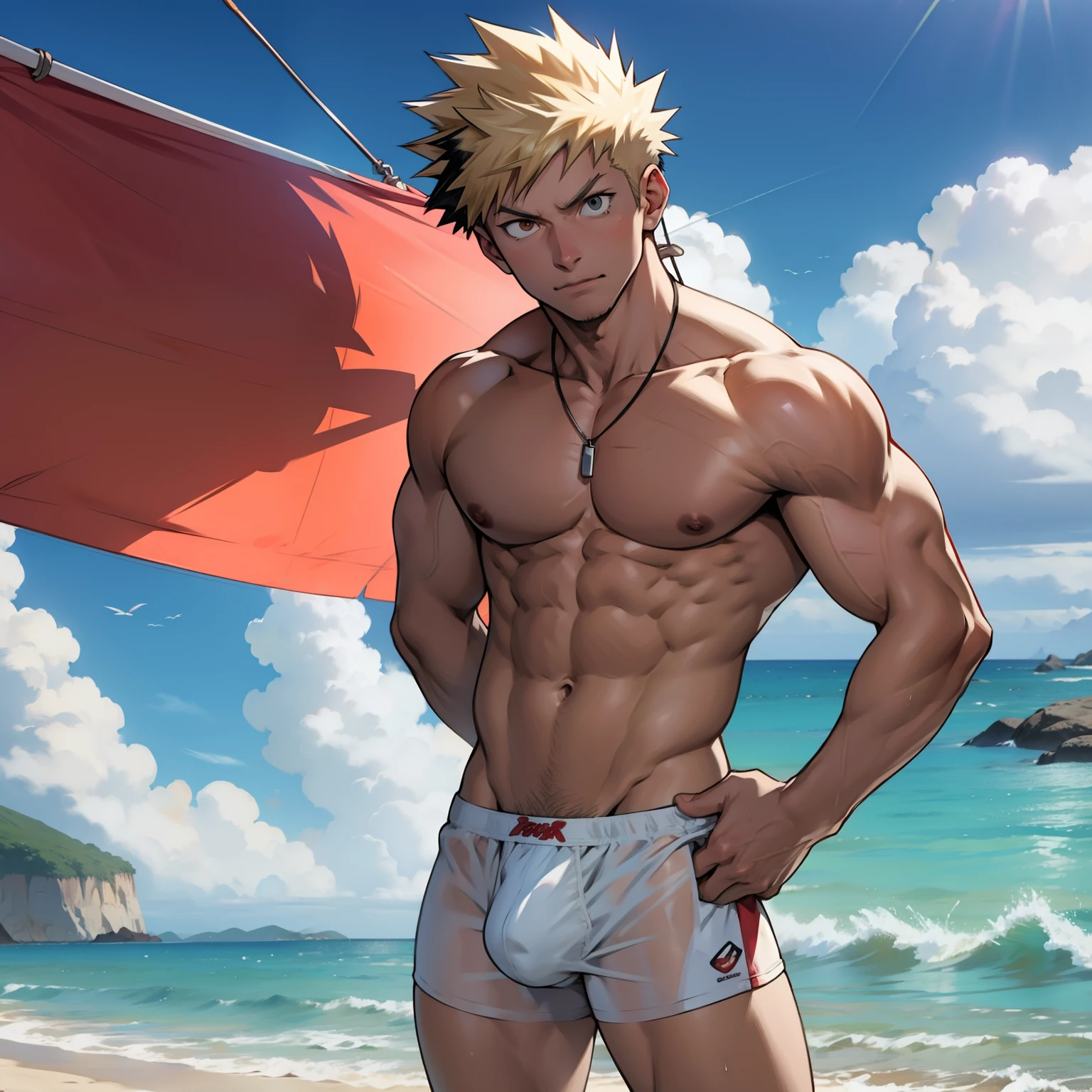 Bakugo de cueca transparente na praia