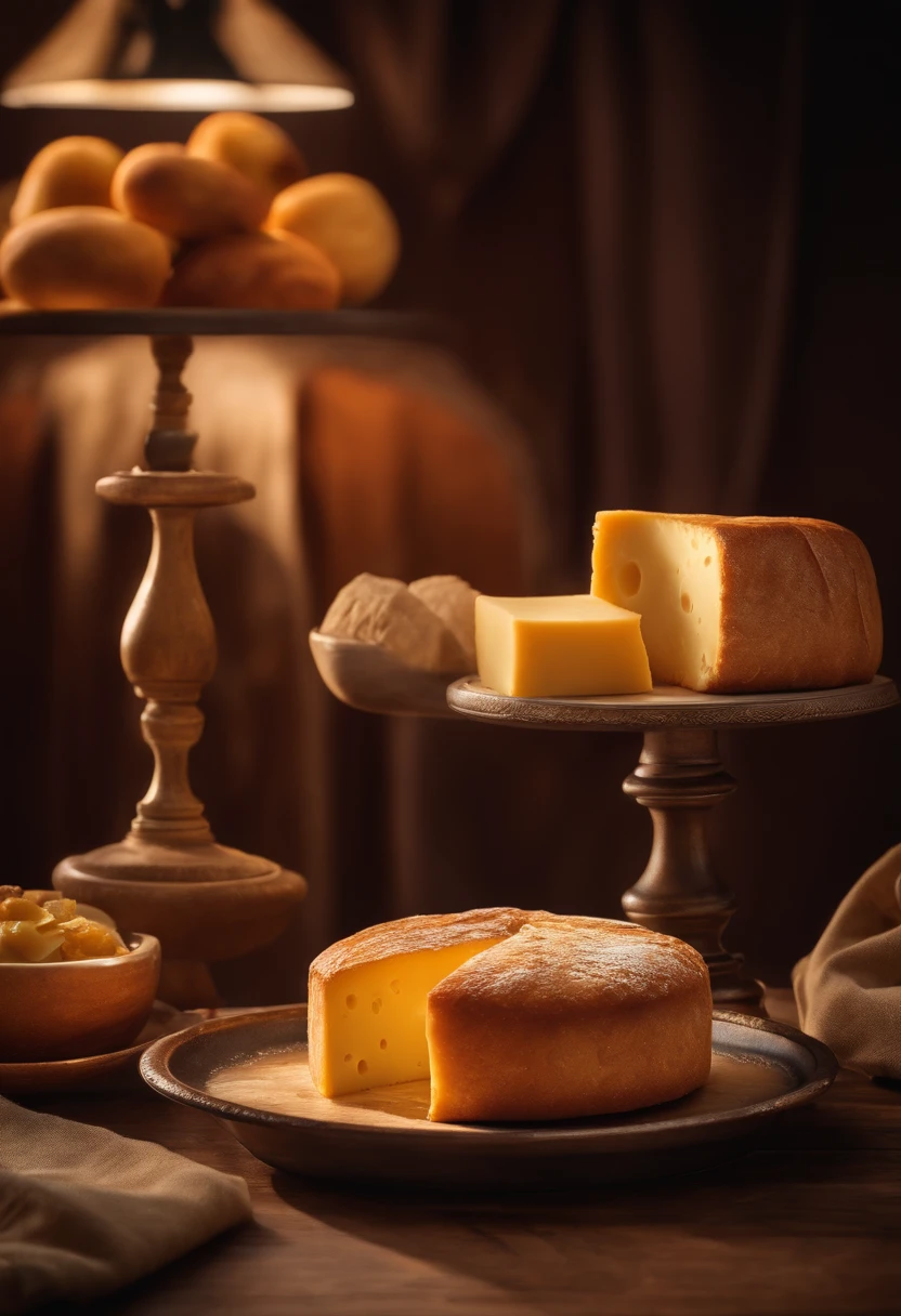 Commercial shooting, cheese bread, cake size, porter for, classic style, background, classic, booth lighting, eye-catching, photorealistic colors